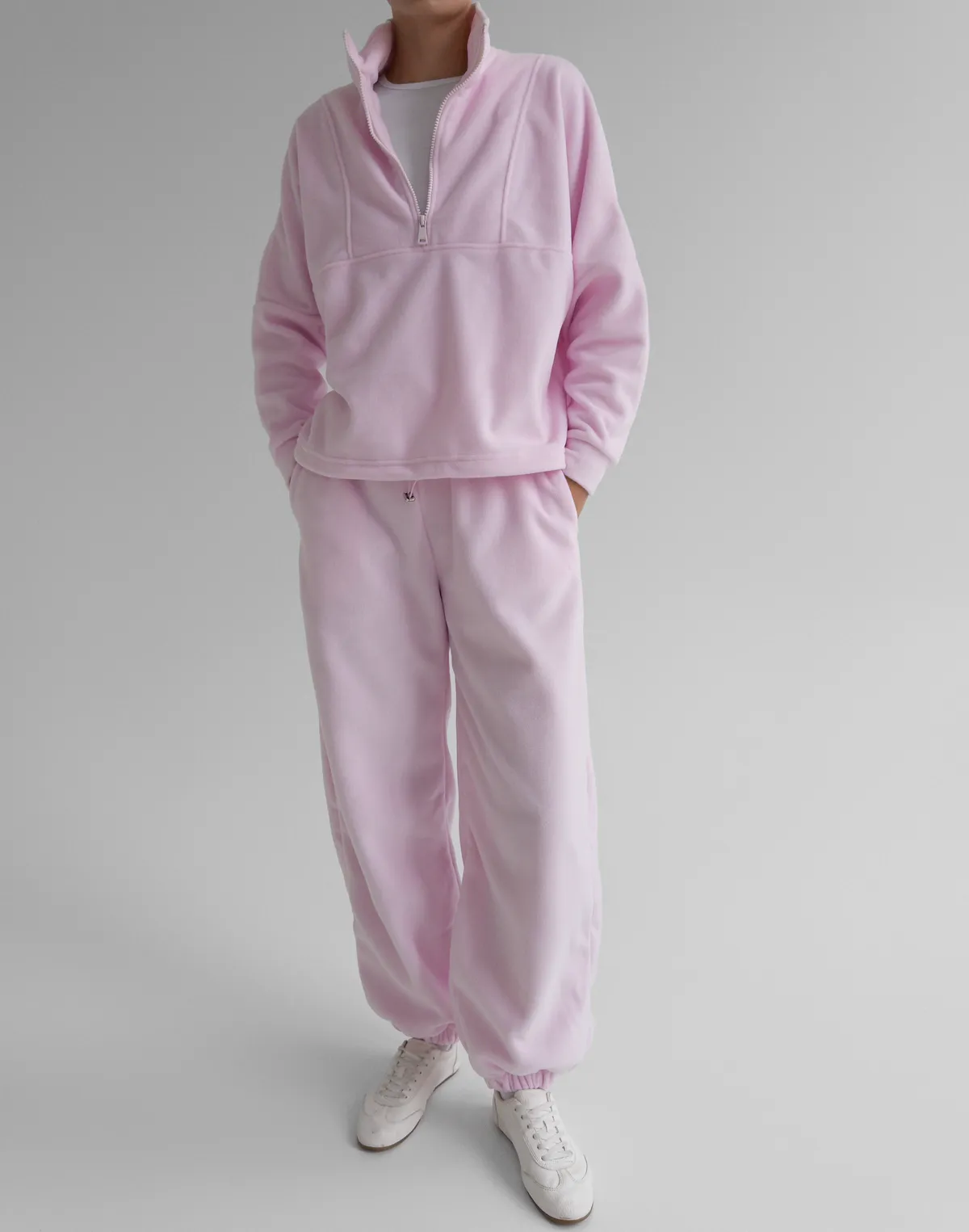 Комплект зимовий флісовий світшот з декоративними швами та джогери оверсайз, ніжно рожеві - Фото 1