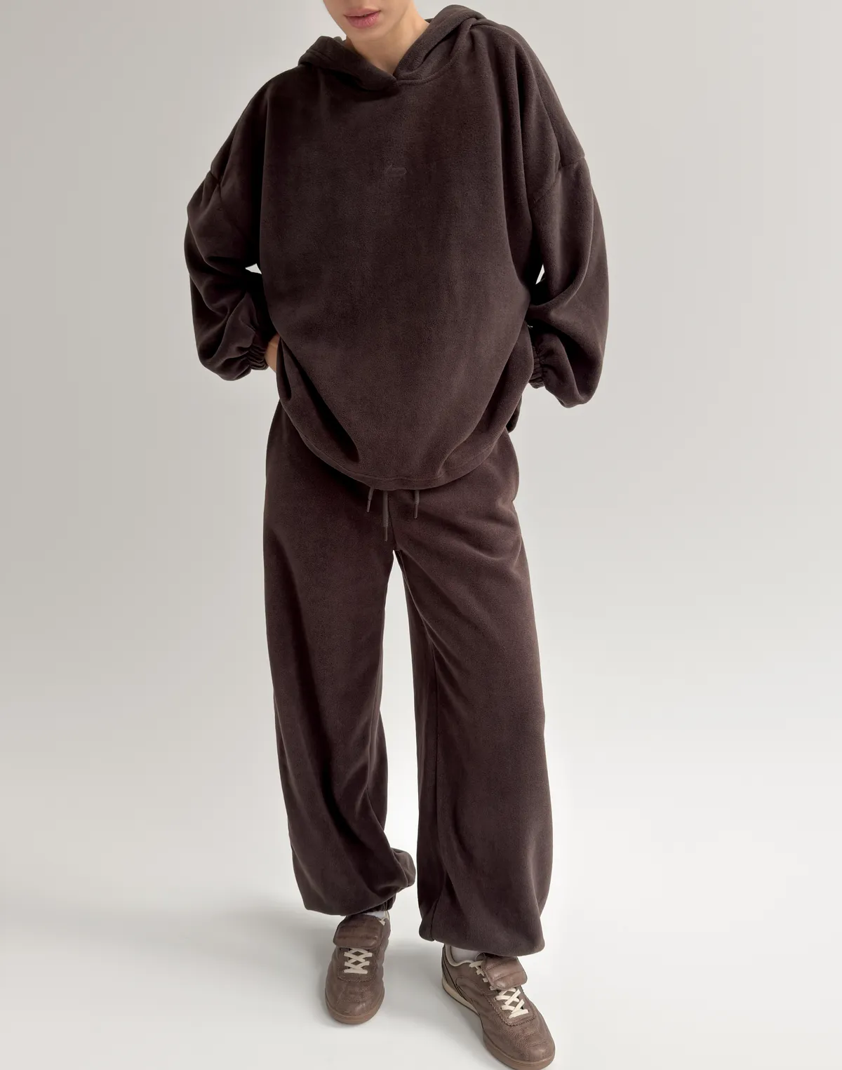 Комплект флісовий худі супер оверсайз та джогери зимові, темний шоколад - Фото 1
