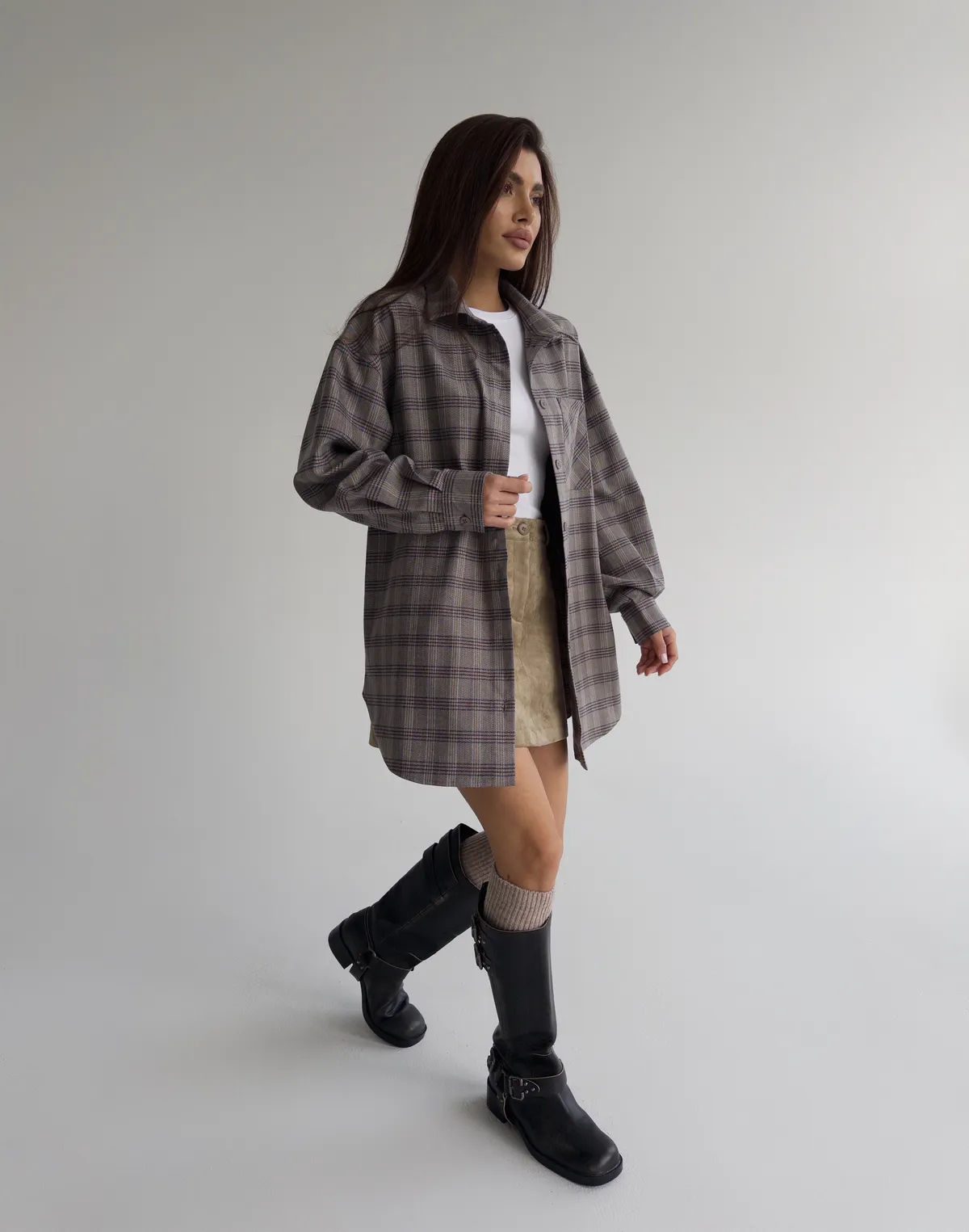 Сорочка оверсайз осіння, сіро-блакитна клітинка - Фото 8