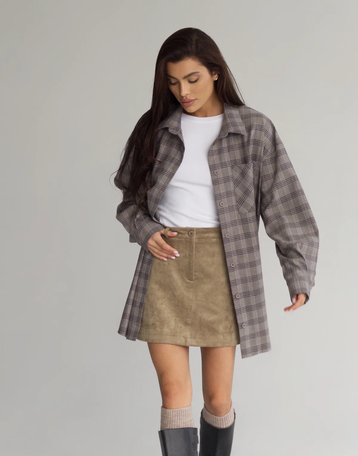 Сорочка оверсайз осіння, сіро-блакитна клітинка - Фото 7