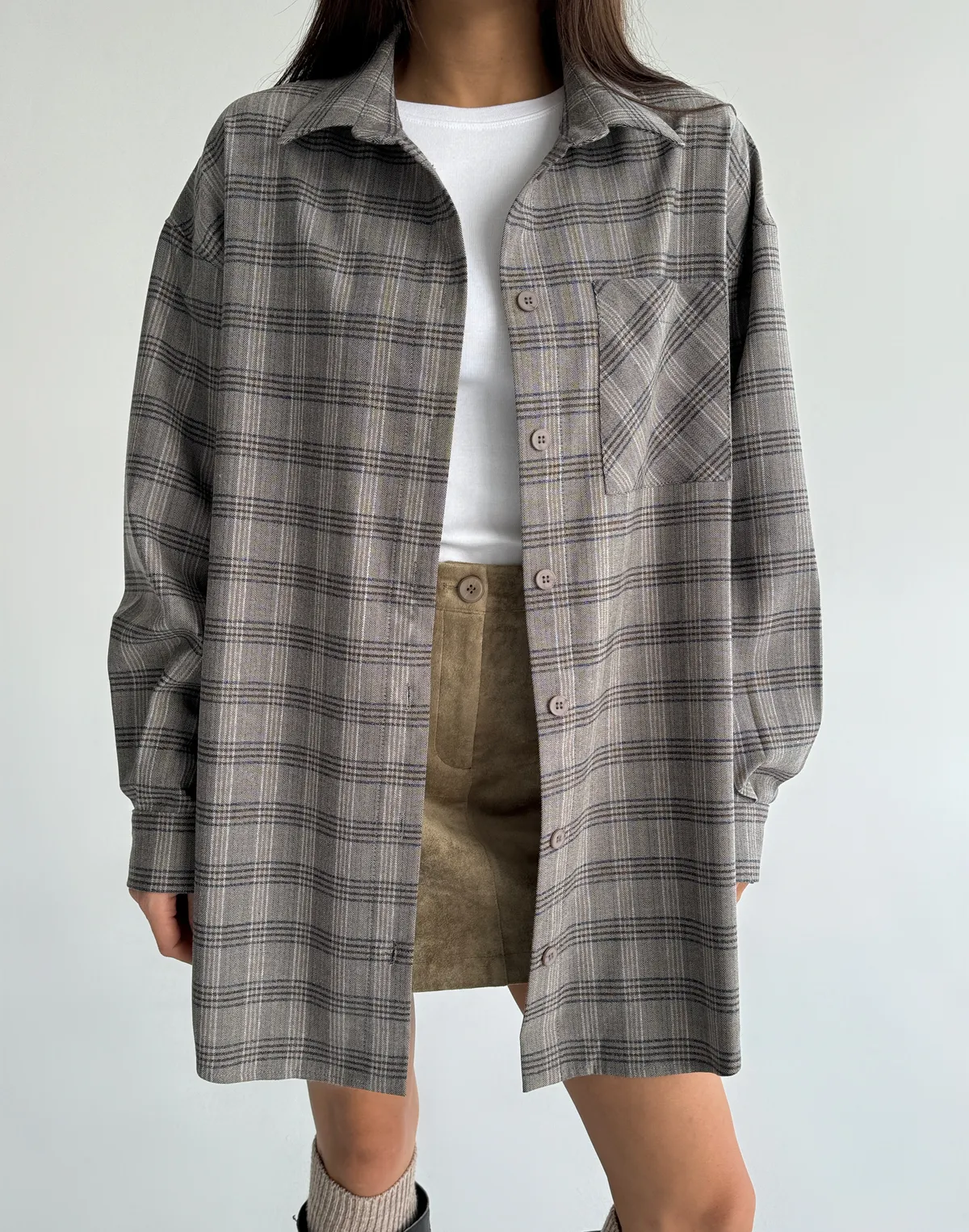 Сорочка оверсайз осіння, сіро-блакитна клітинка - Фото 1