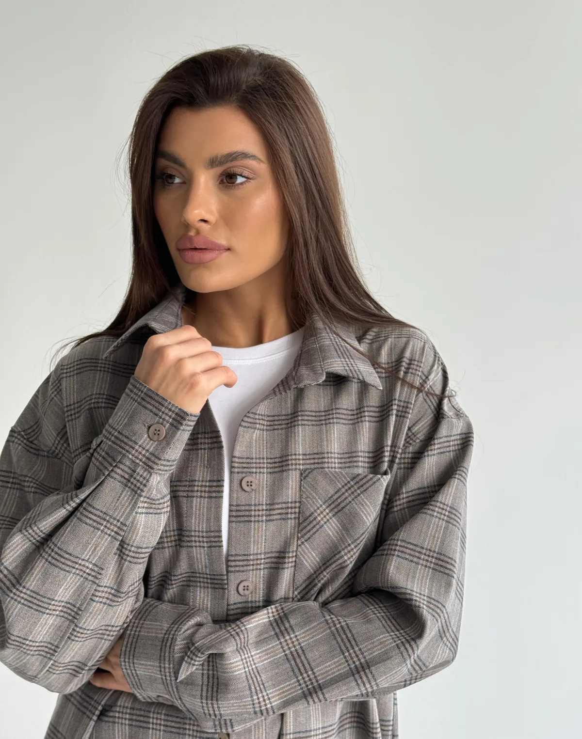 Сорочка оверсайз осіння, сіро-блакитна клітинка - Фото 5