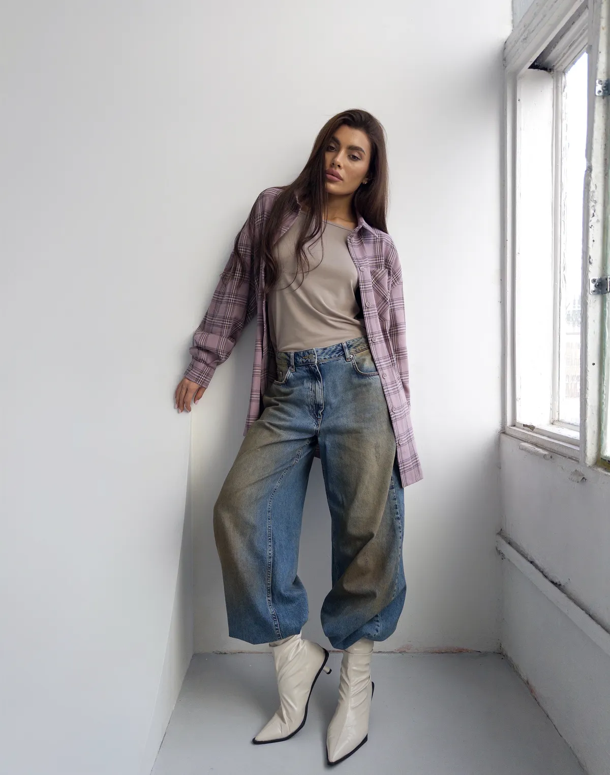 Сорочка оверсайз осіння, рожево-синя клітинка - Фото 8