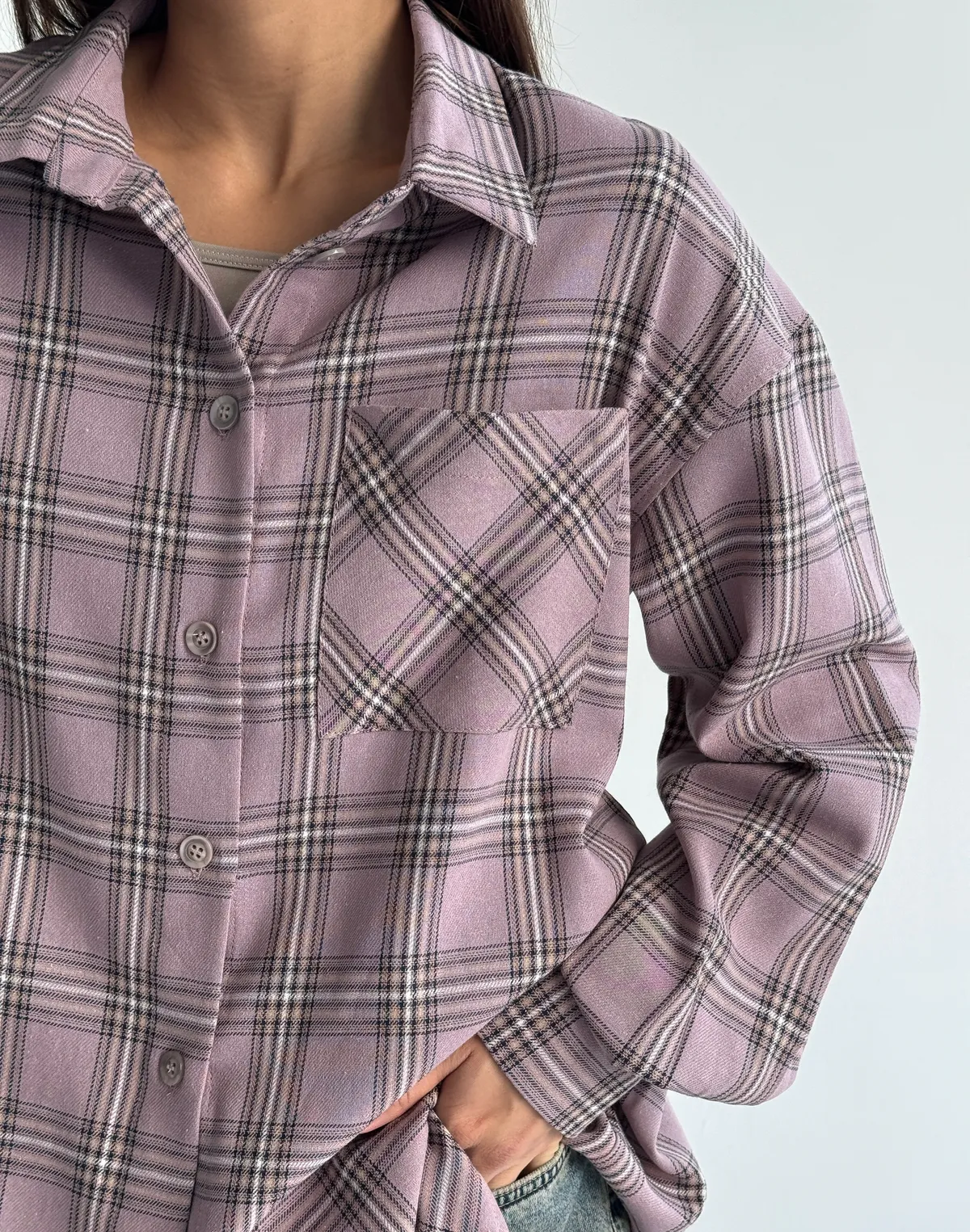 Сорочка оверсайз осіння, рожево-синя клітинка - Фото 7