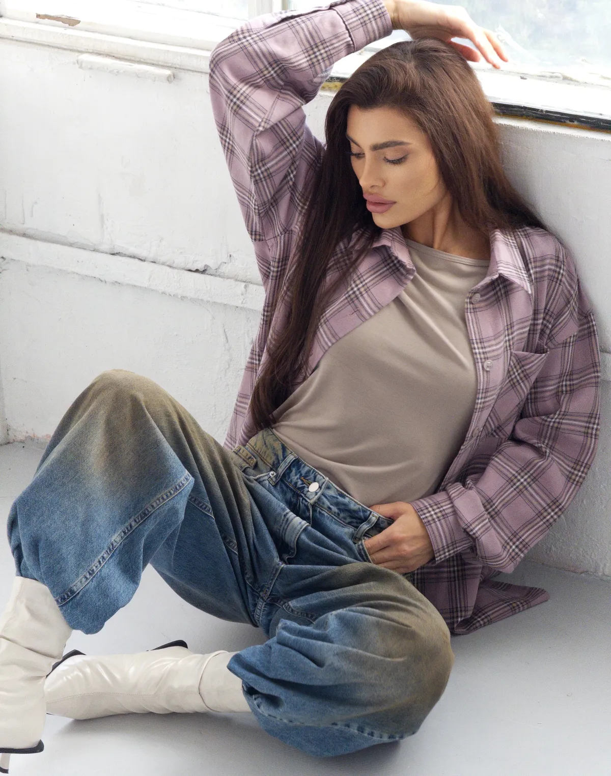 Сорочка оверсайз осіння, рожево-синя клітинка - Фото 6