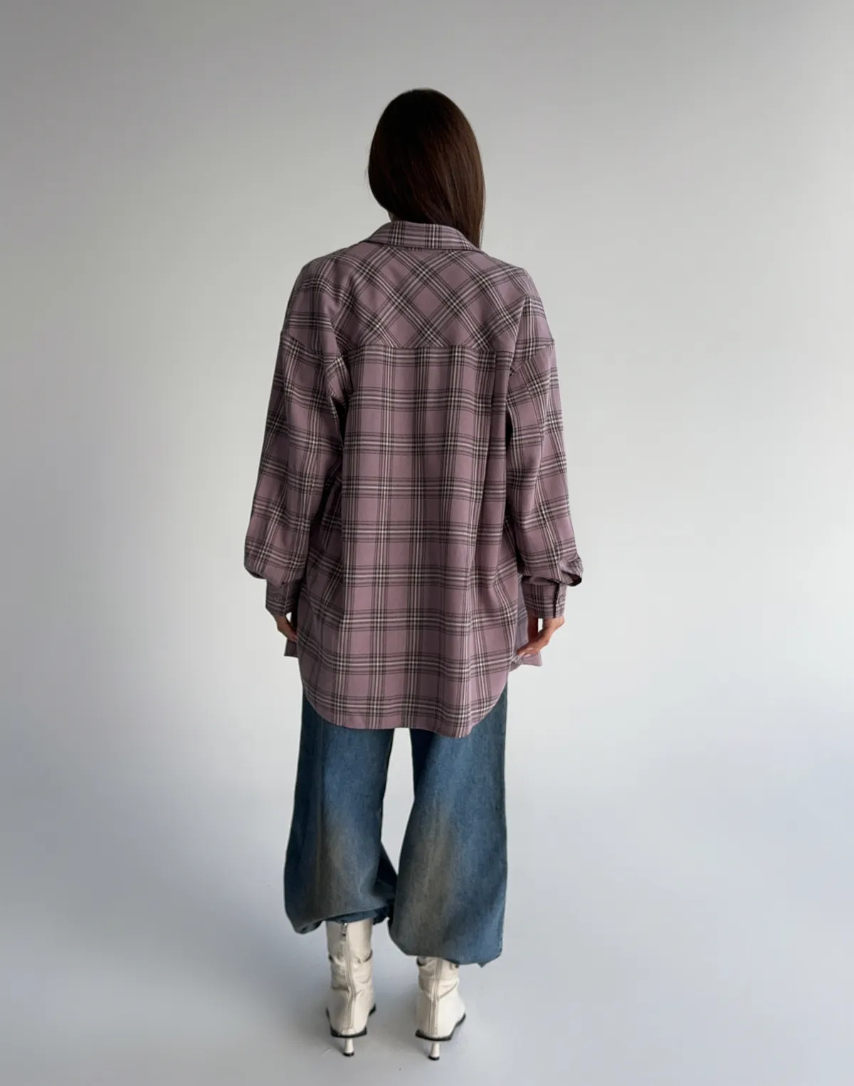 Сорочка оверсайз осіння, рожево-синя клітинка - Фото 2