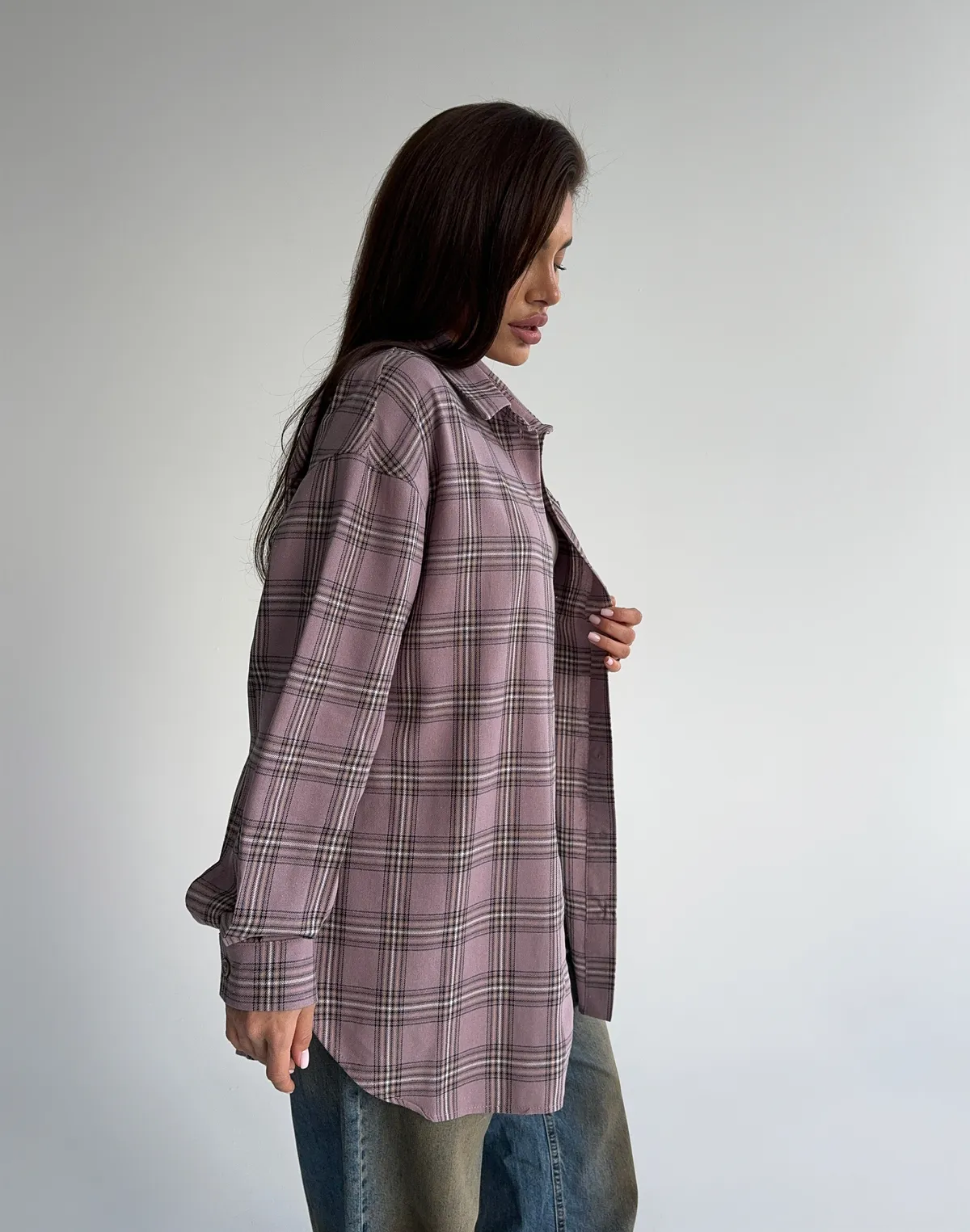 Сорочка оверсайз осіння, рожево-синя клітинка - Фото 4