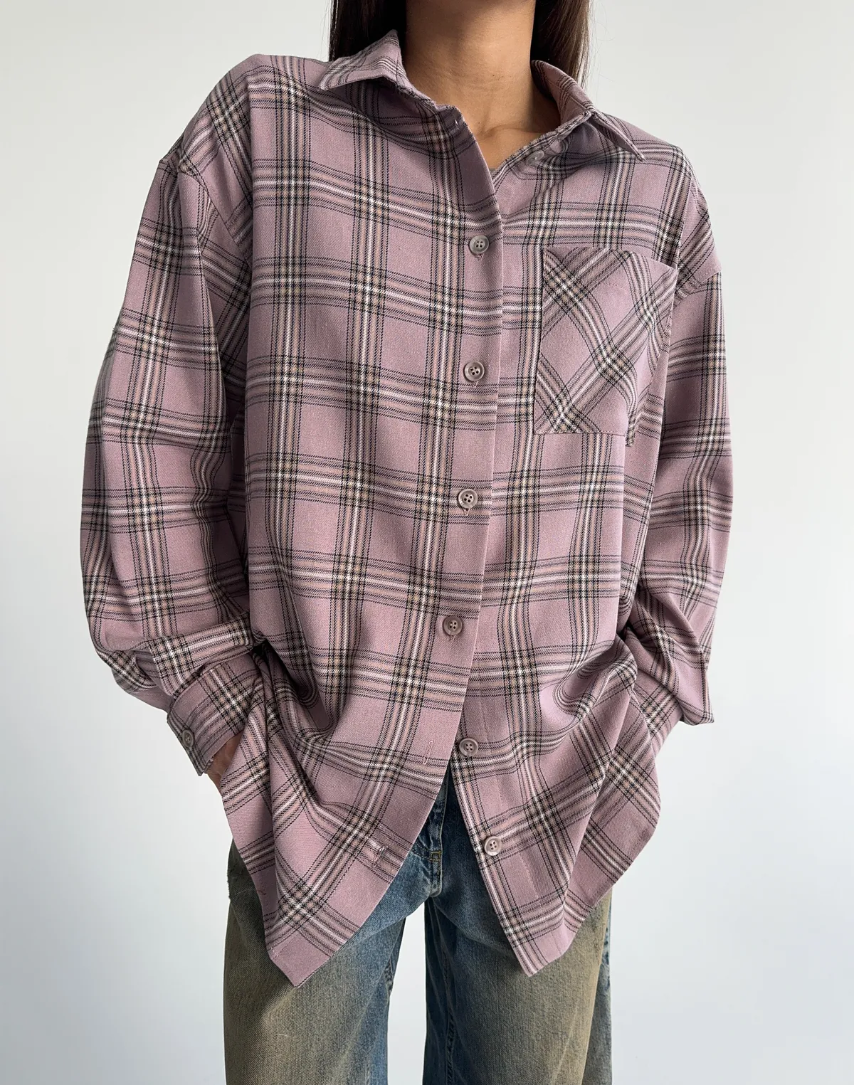 Сорочка оверсайз осіння, рожево-синя клітинка - Фото 1