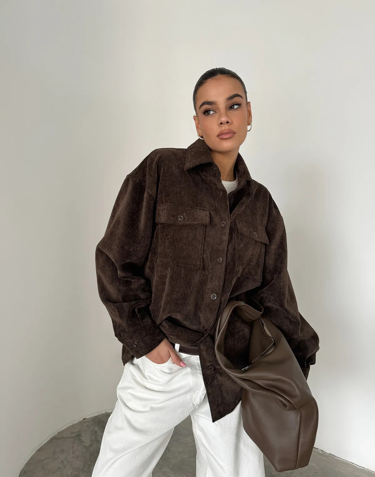 Сорочка оверсайз вельветова, шоколадна - Фото 5