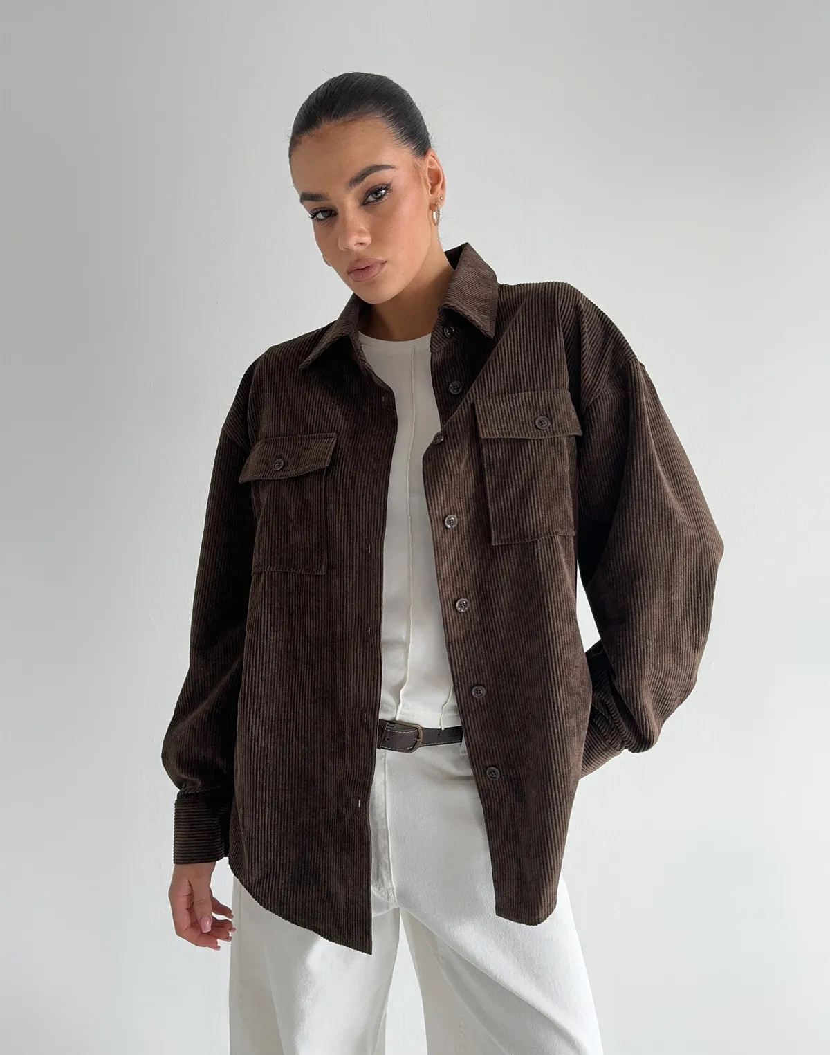 Сорочка оверсайз вельветова, шоколадна - Фото 3