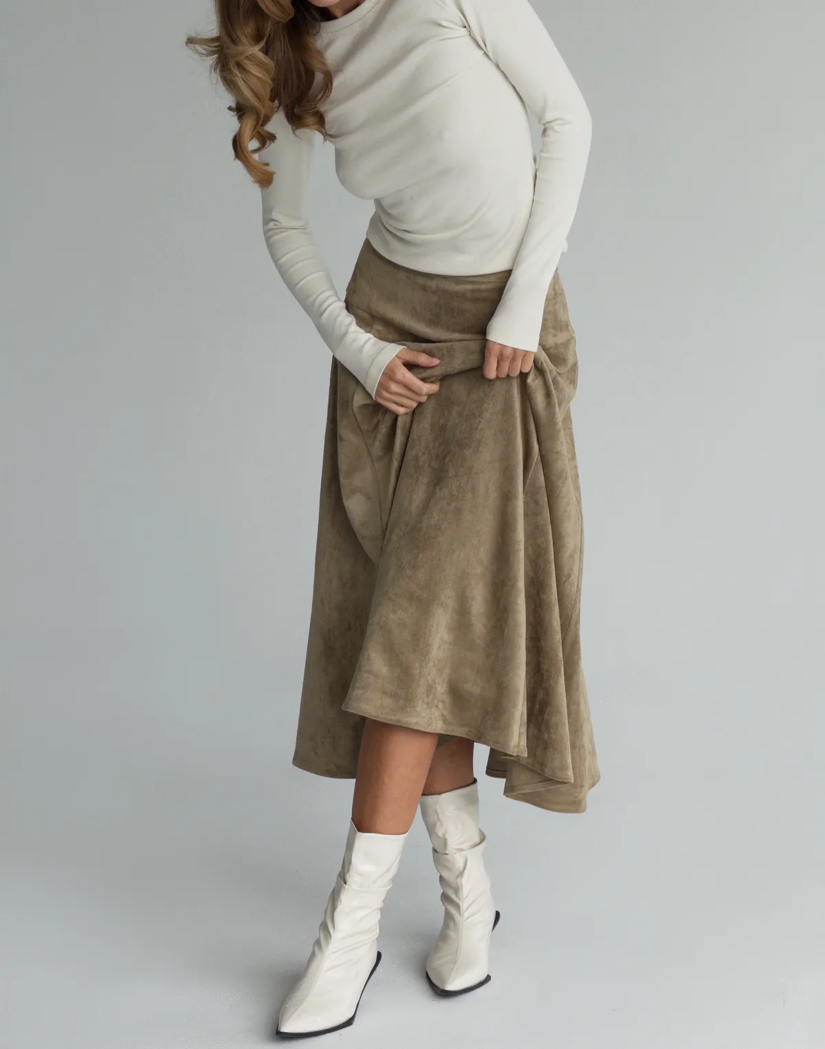 Спідниця міді з екозамші, олива - Фото 7