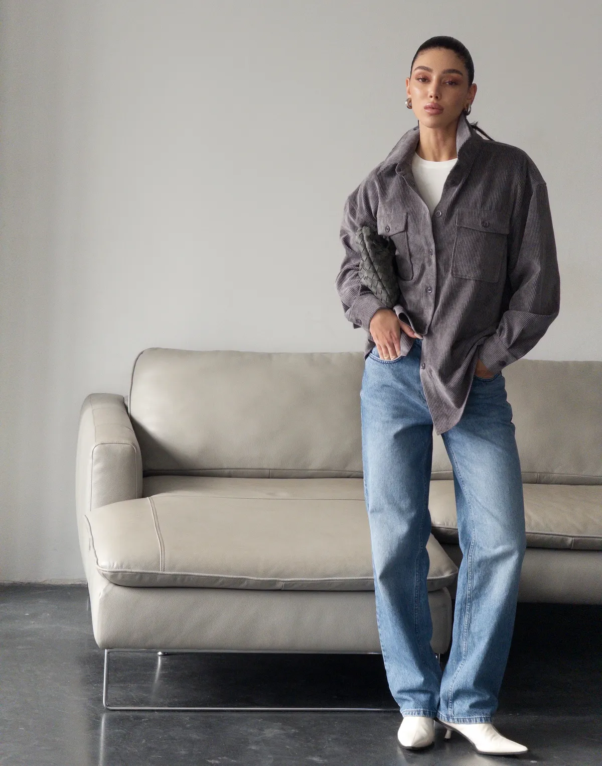 Сорочка оверсайз вельветова, сіра - Фото 3