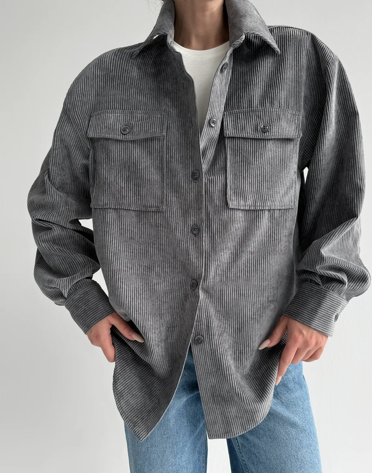 Сорочка оверсайз вельветова, сіра - Фото 1