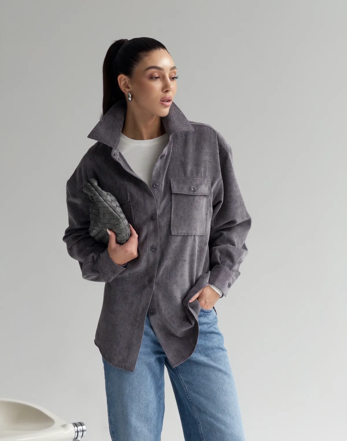 Сорочка оверсайз вельветова, сіра - Фото 4