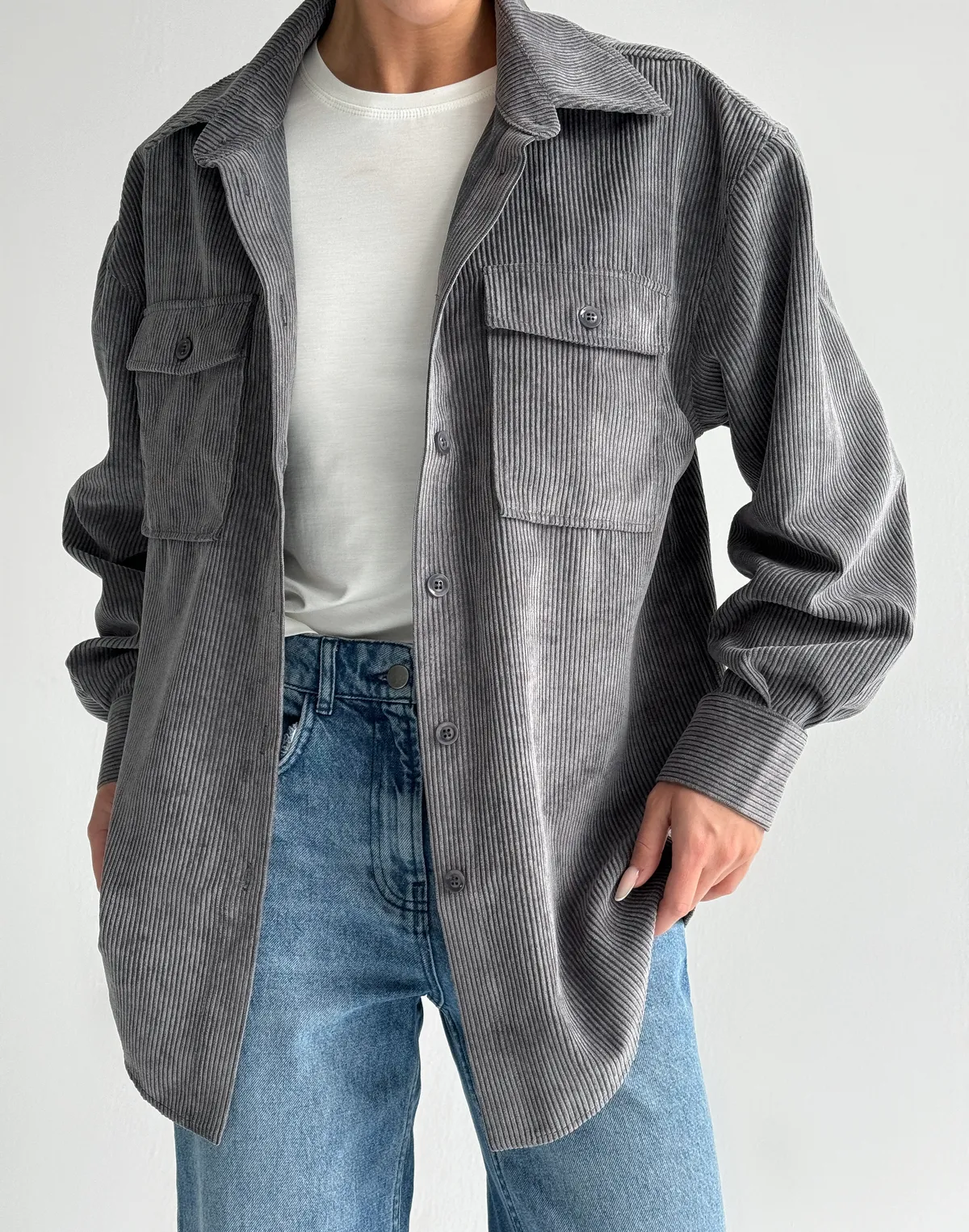 Сорочка оверсайз вельветова, сіра - Фото 6