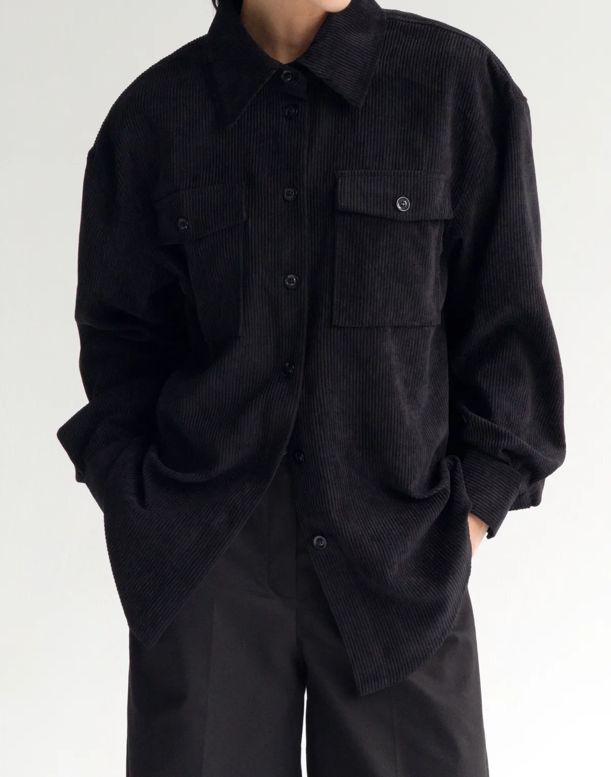 Сорочка оверсайз вельветова, чорна - Фото 1