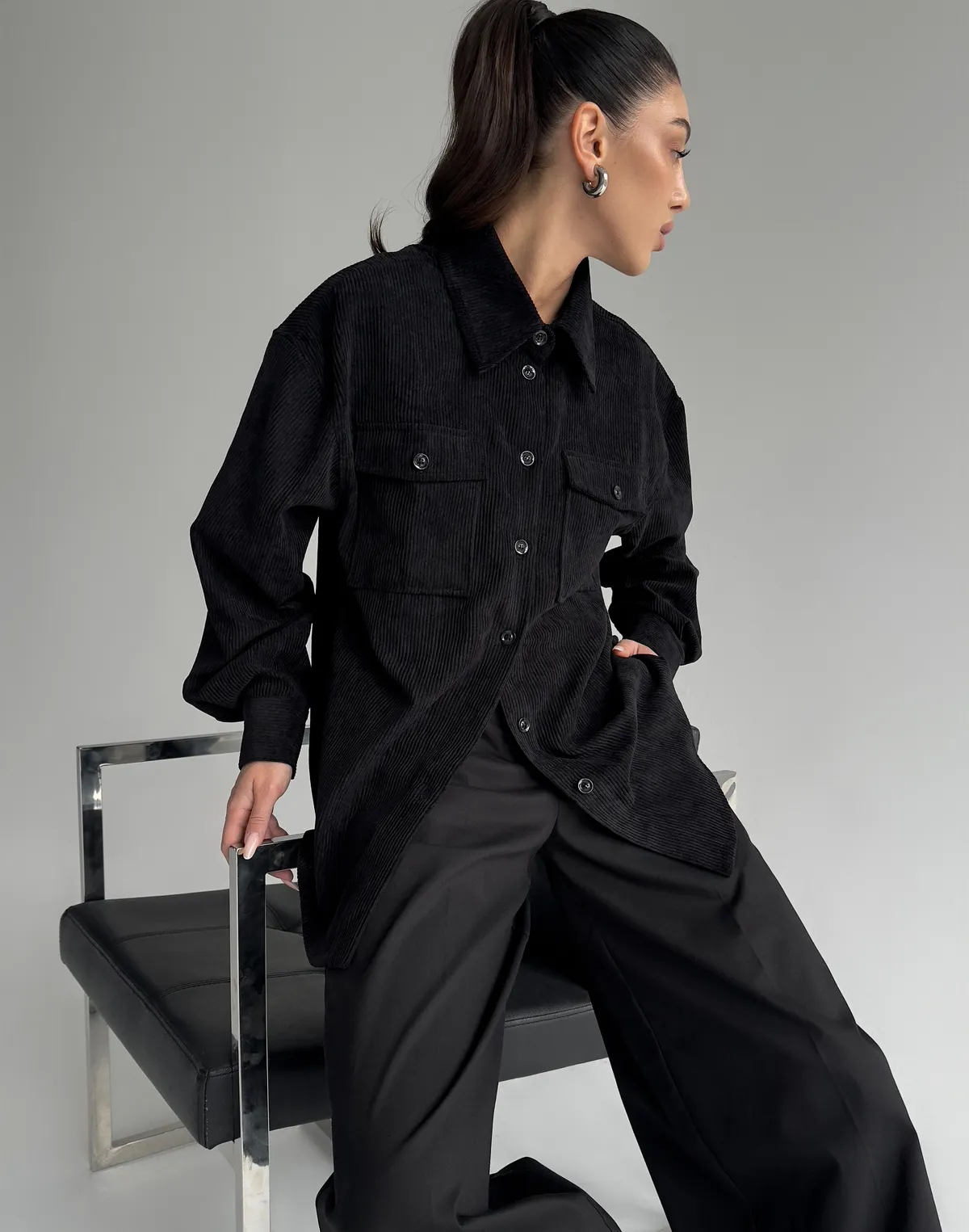 Сорочка оверсайз вельветова, чорна - Фото 8