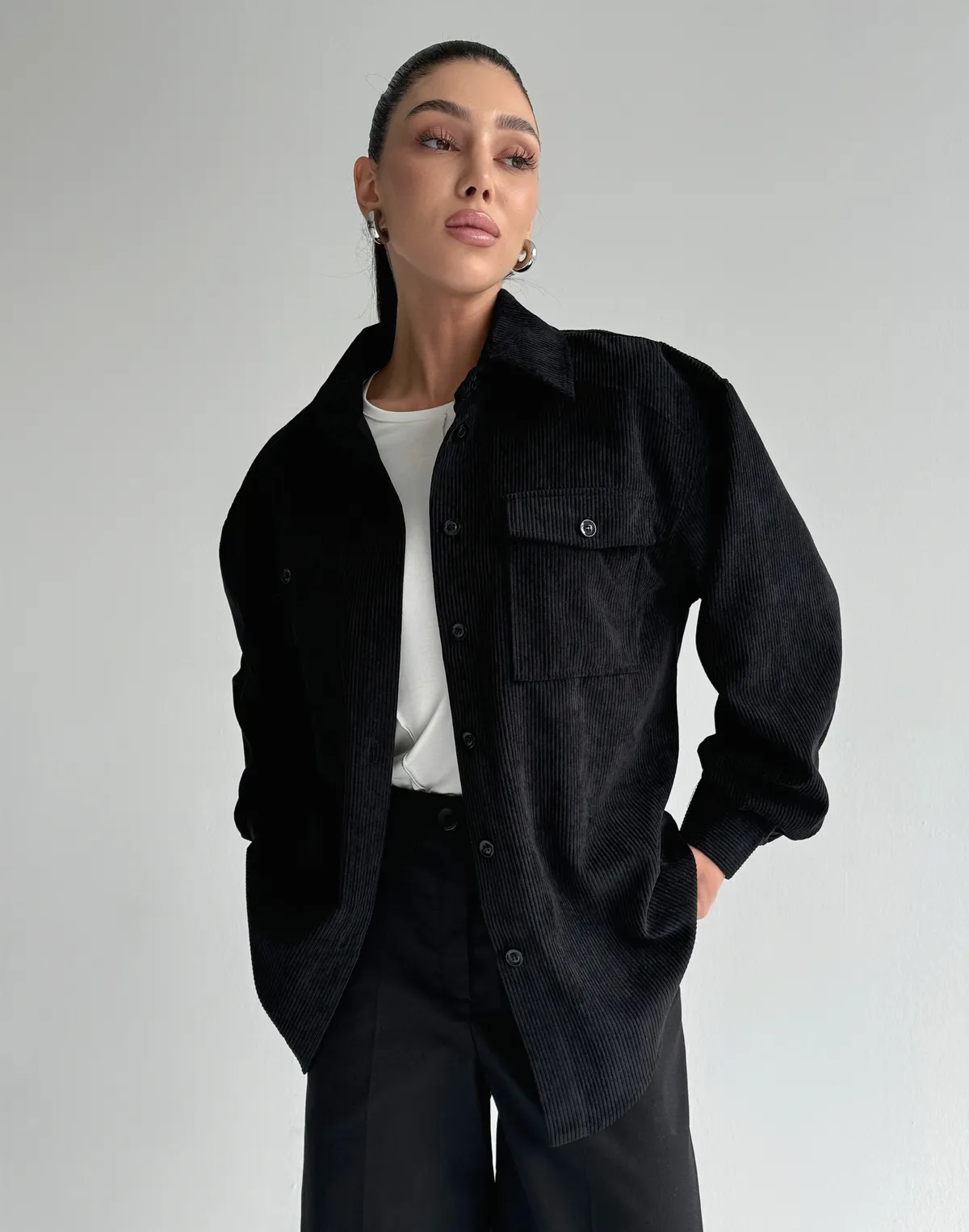 Сорочка оверсайз вельветова, чорна - Фото 7