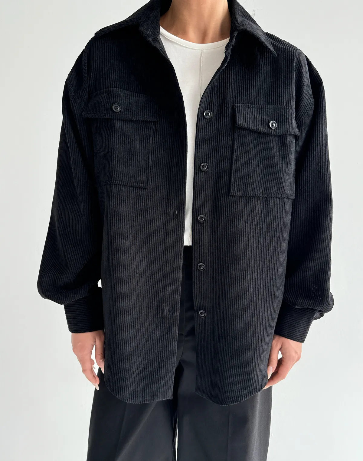 Сорочка оверсайз вельветова, чорна - Фото 6