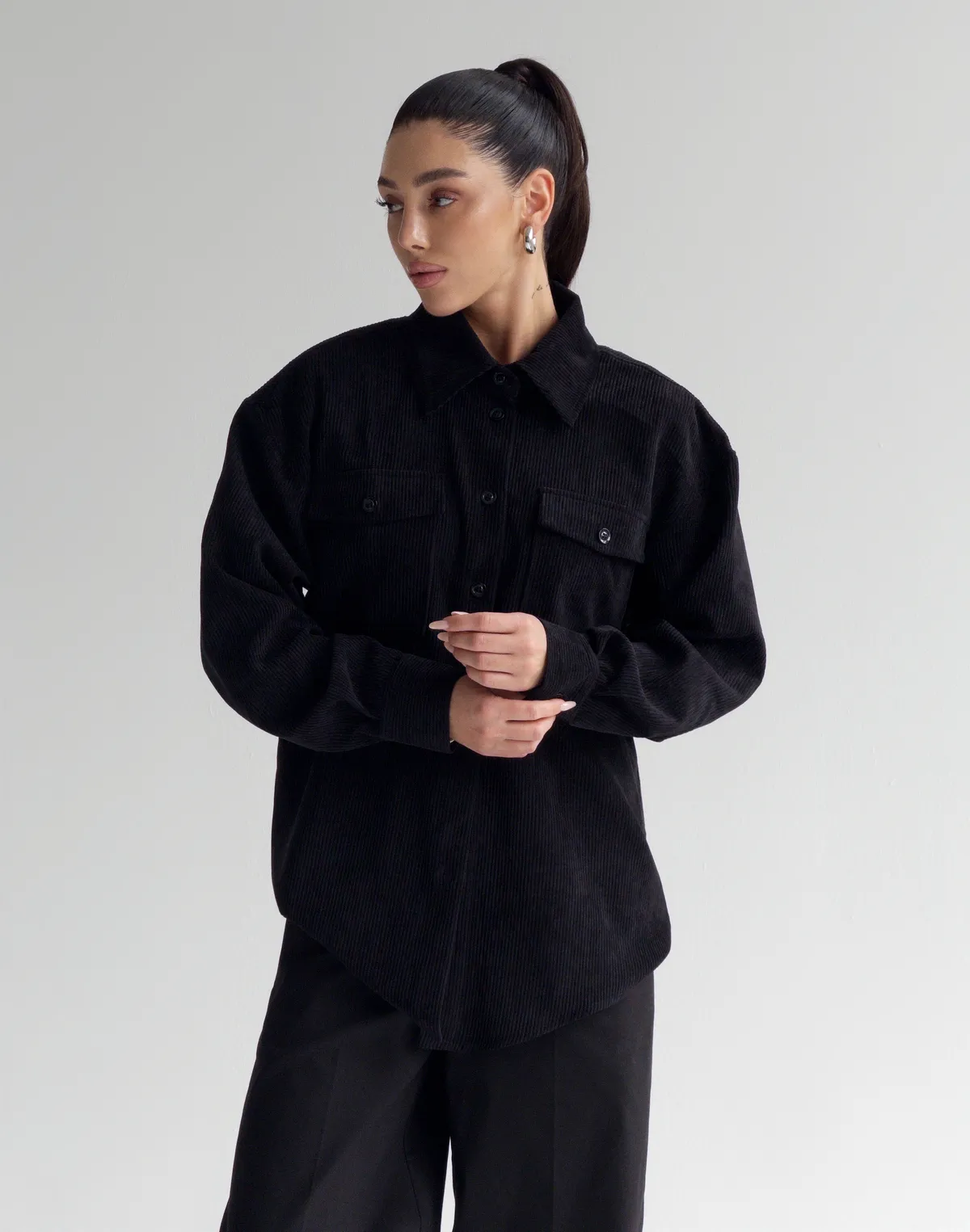 Сорочка оверсайз вельветова, чорна - Фото 3