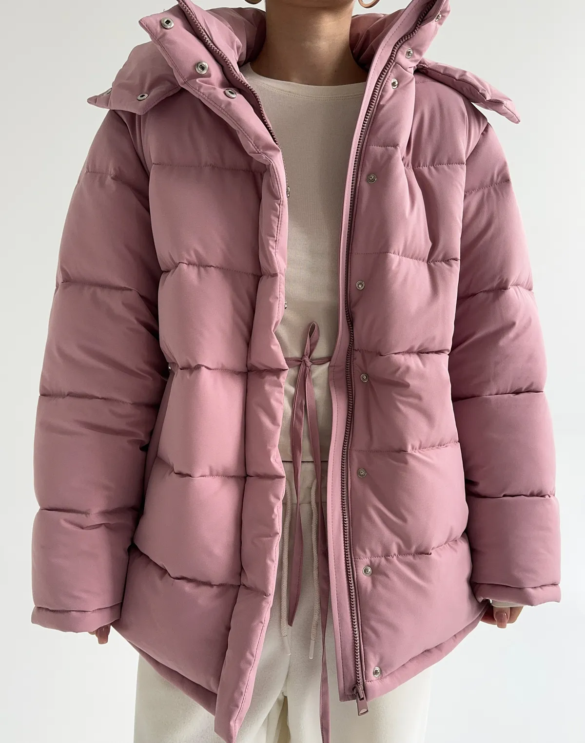 Куртка середньої довжини з внутрішньою затяжкою по талії, рожева - Фото 7