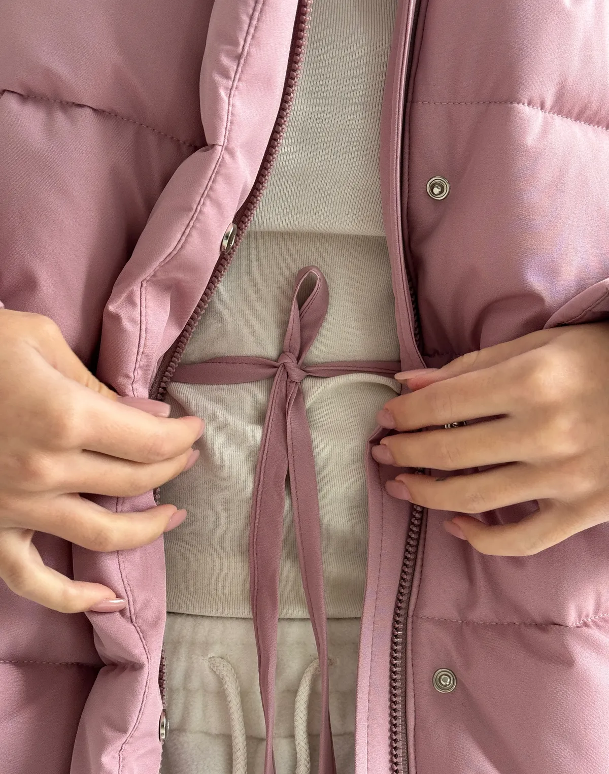 Куртка середньої довжини з внутрішньою затяжкою по талії, рожева - Фото 6