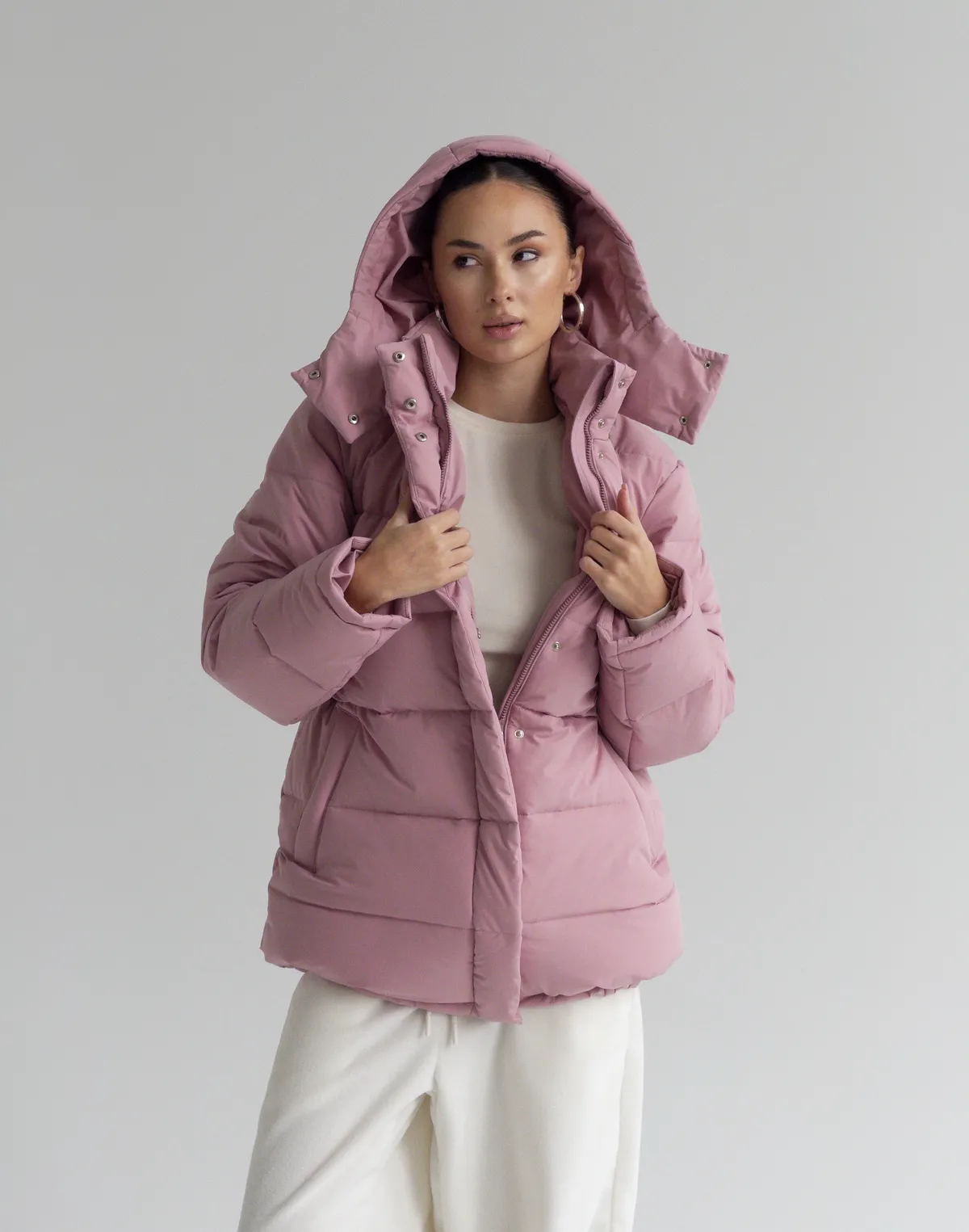 Куртка середньої довжини з внутрішньою затяжкою по талії, рожева - Фото 4