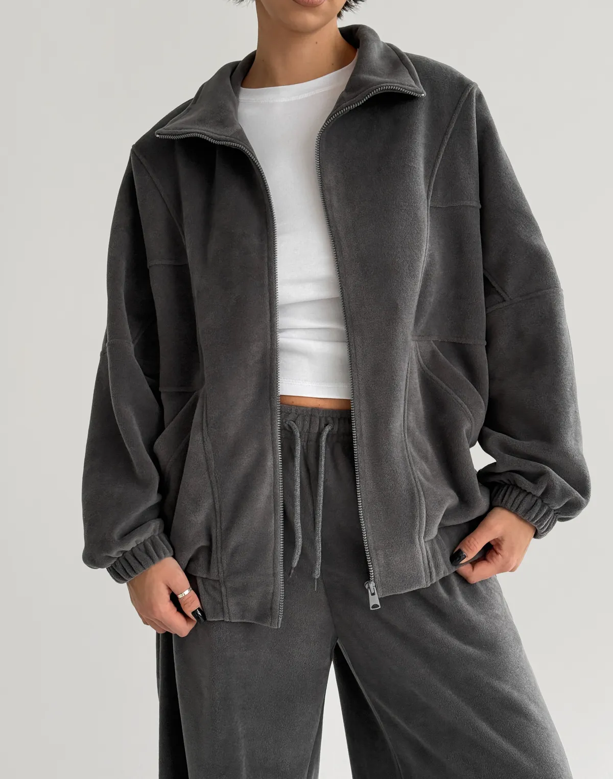 Зіпер оверсайз флісовий з декоративними швами, сірий - Фото 8