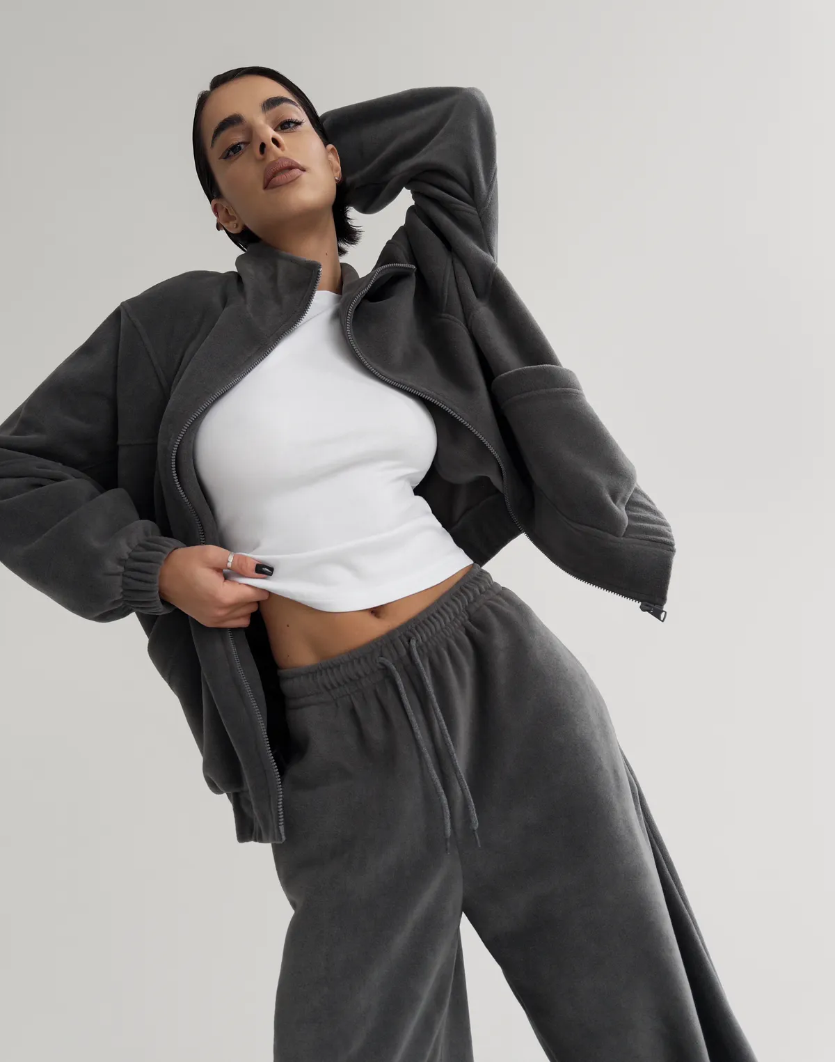 Комплект флісовий зіпер оверсайз з декоративними швами та штани вільного крою, сірі - Фото 3
