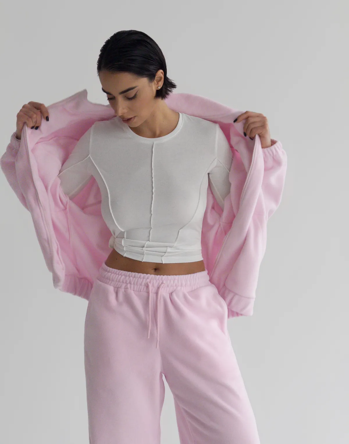 Зіпер оверсайз флісовий з декоративними швами, ніжно рожевий - Фото 6