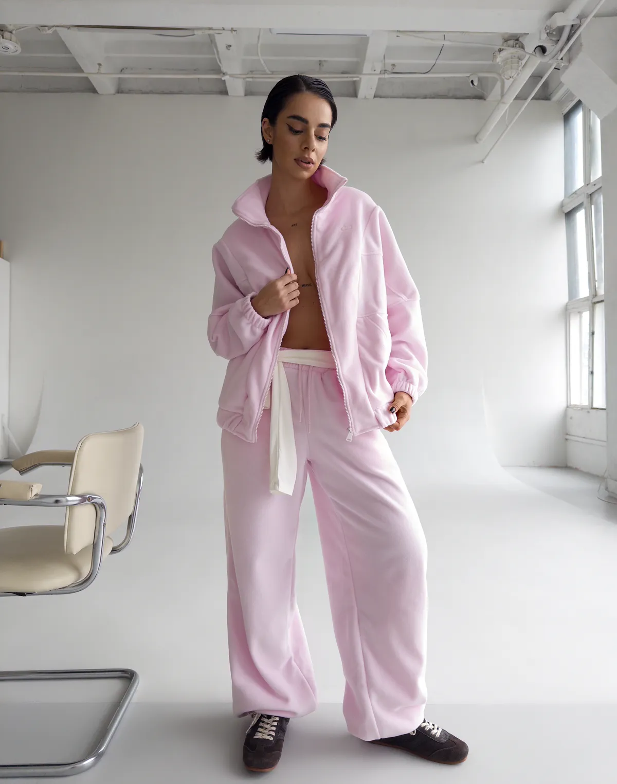 Зіпер оверсайз флісовий з декоративними швами, ніжно рожевий - Фото 4