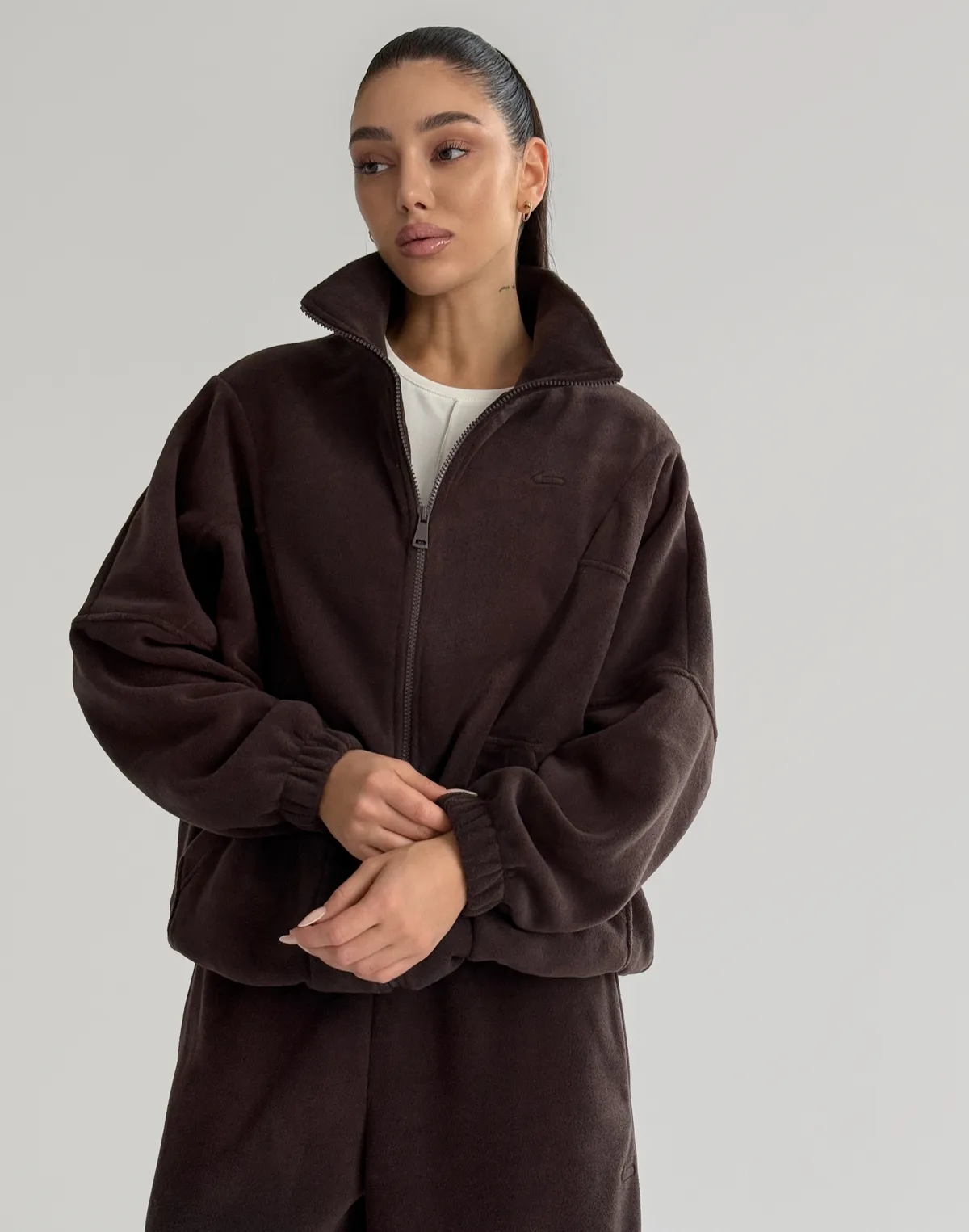 Зіпер оверсайз флісовий з декоративними швами, темний шоколад - Фото 6