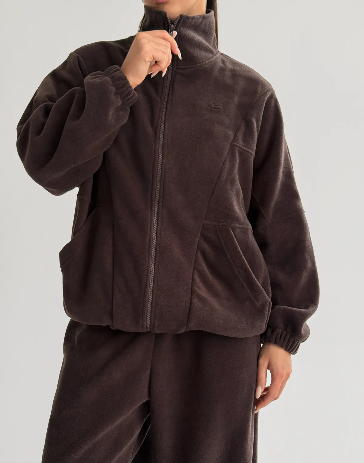 Зіпер оверсайз флісовий з декоративними швами, темний шоколад - Фото 1