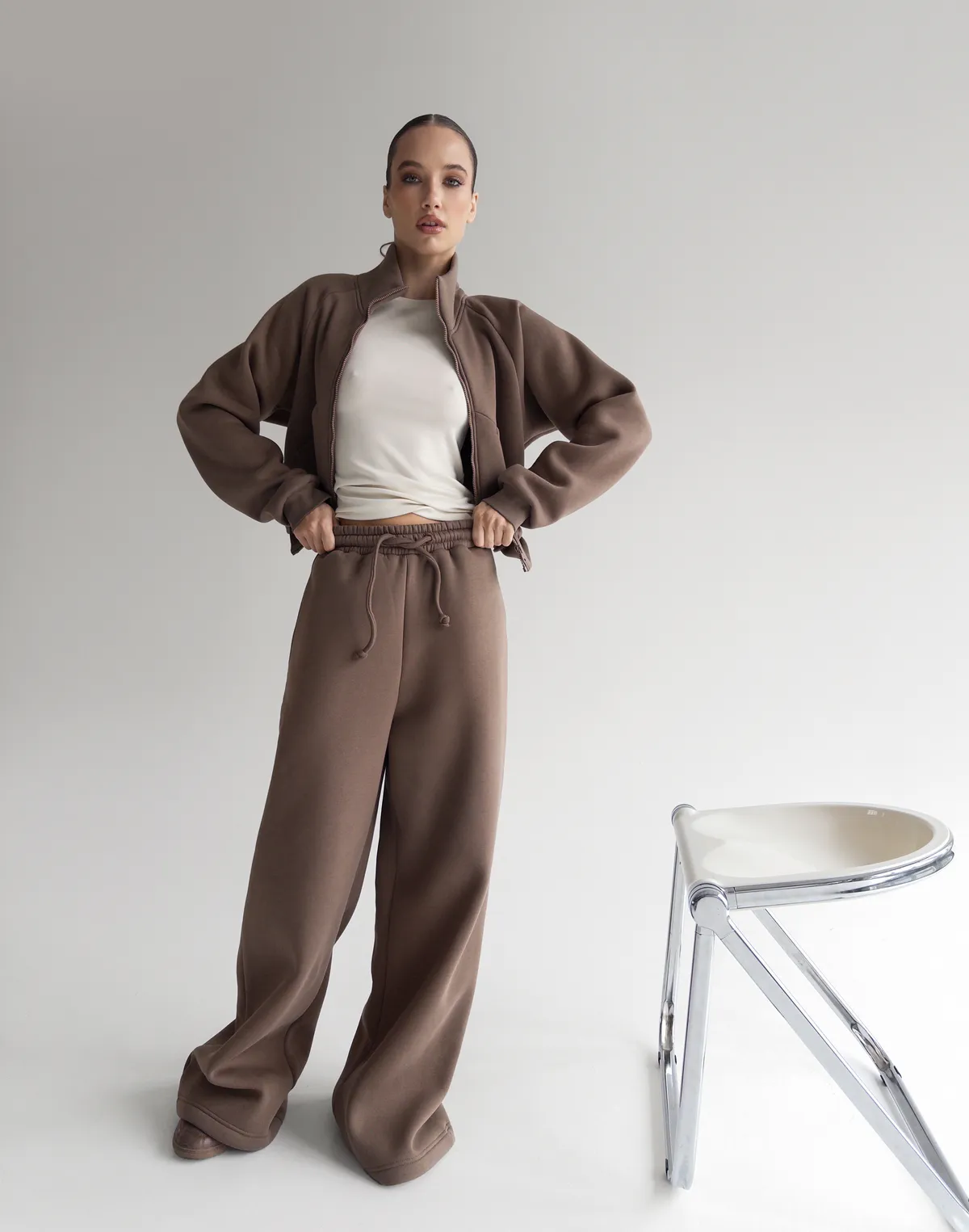 Комплект зимовий з начосом зіпер з декоративними швами та штани вільного крою, шоколадні - Фото 5