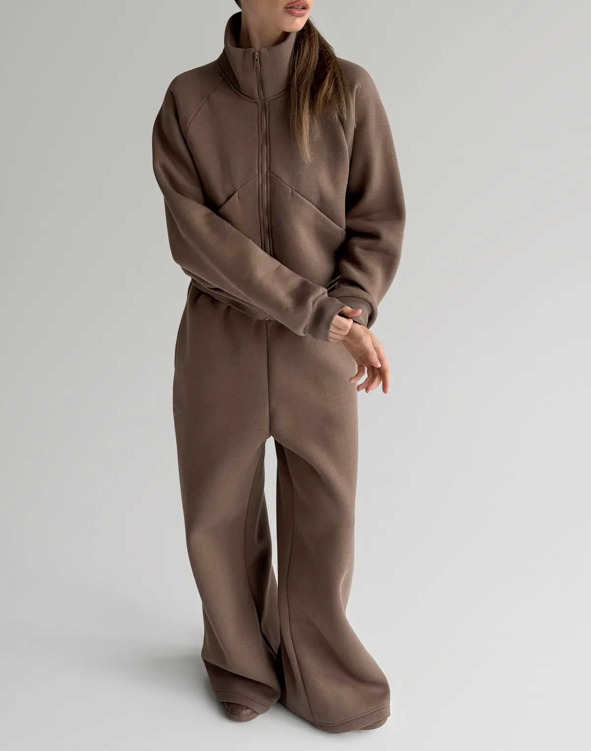 Комплект зимовий з начосом зіпер з декоративними швами та штани вільного крою, шоколадні - Фото 1