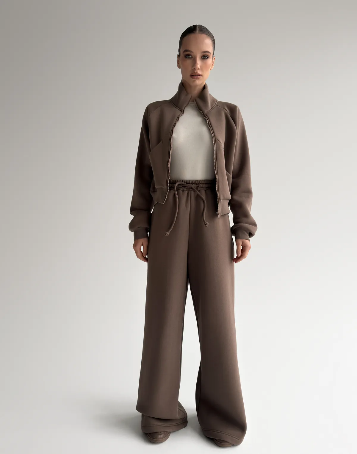 Комплект зимовий з начосом зіпер з декоративними швами та штани вільного крою, шоколадні - Фото 8