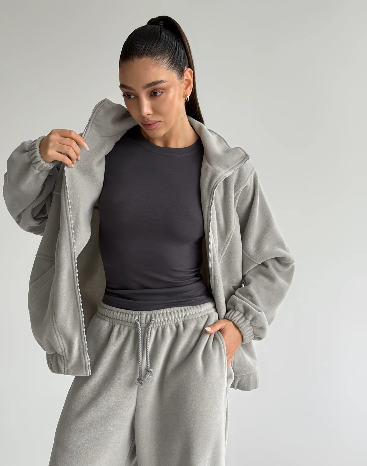 Зіпер оверсайз флісовий з декоративними швами, світлий сірий - Фото 8