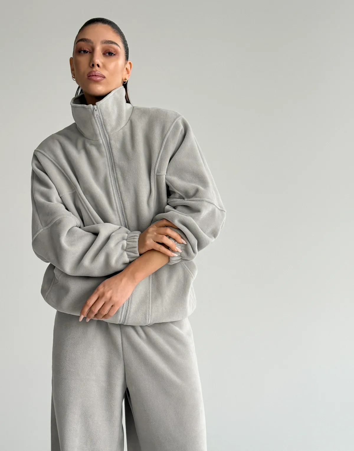 Зіпер оверсайз флісовий з декоративними швами, світлий сірий - Фото 7
