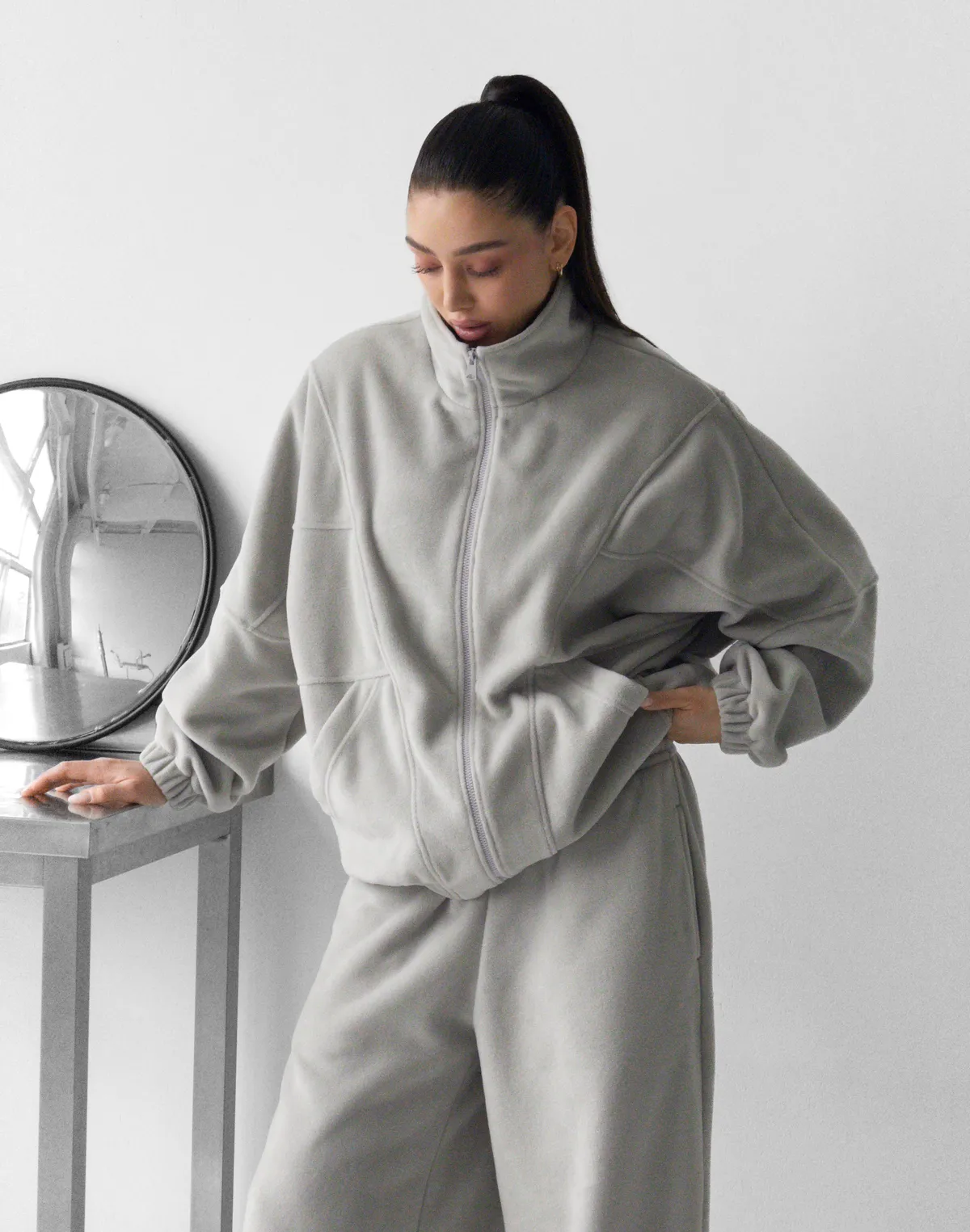 Зіпер оверсайз флісовий з декоративними швами, світлий сірий - Фото 6