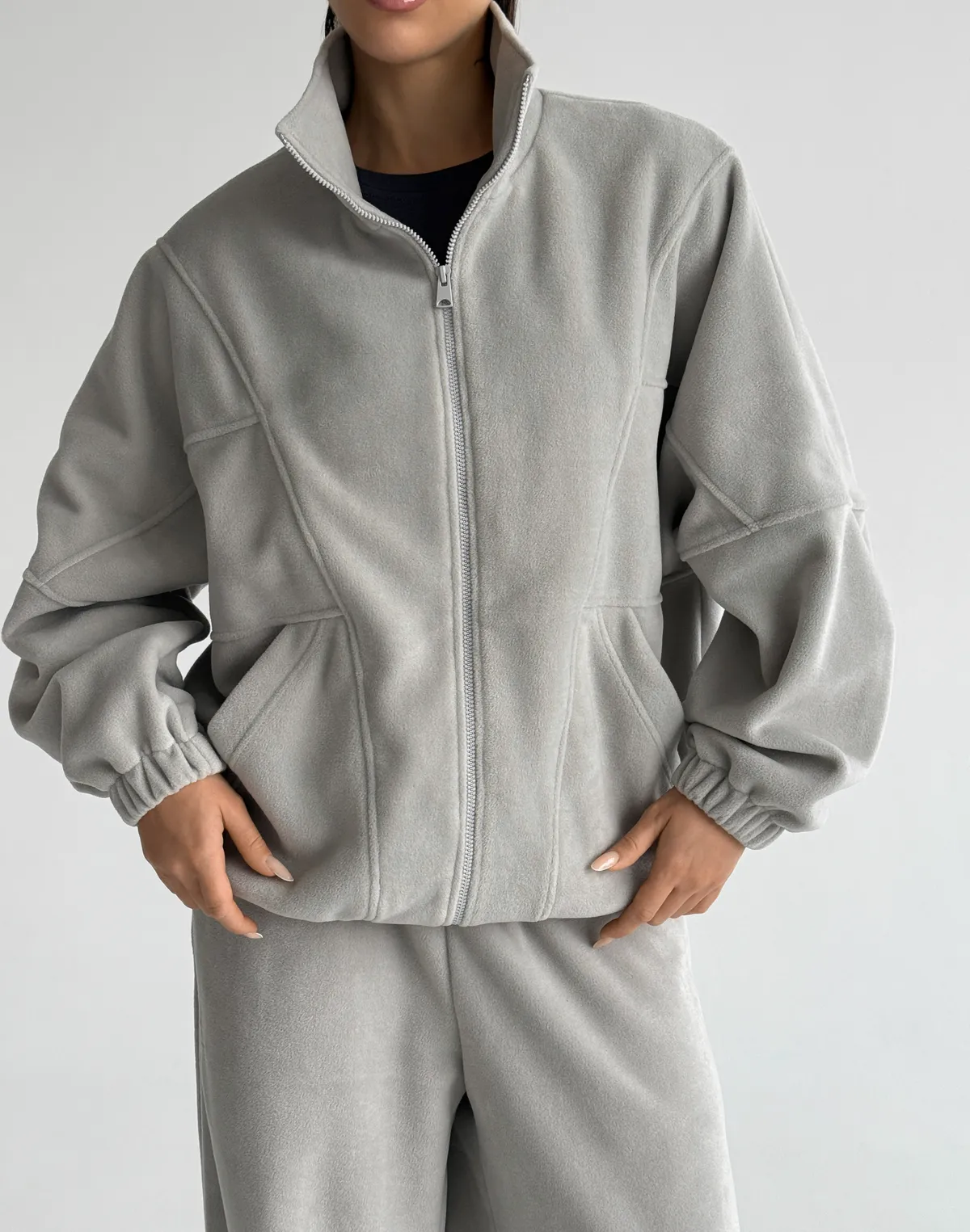 Зіпер оверсайз флісовий з декоративними швами, світлий сірий - Фото 1