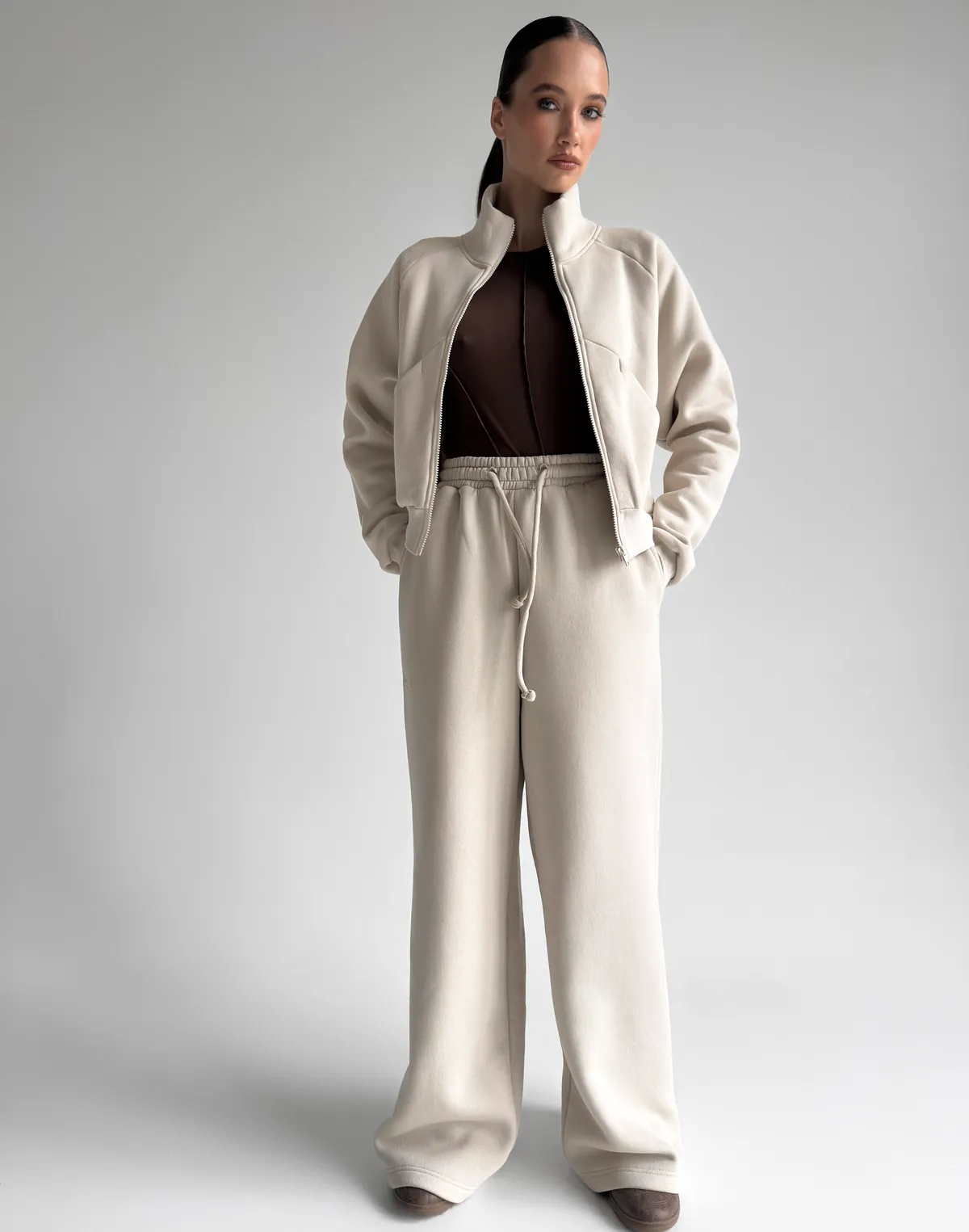 Комплект зимовий з начосом зіпер з декоративними швами та штани вільного крою, пудровий - Фото 5