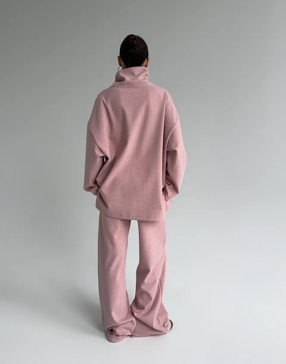 Комплект трикотажний світшот оверсайз на блискавці до середини та штани широкого крою, рожеві  - Фото 2