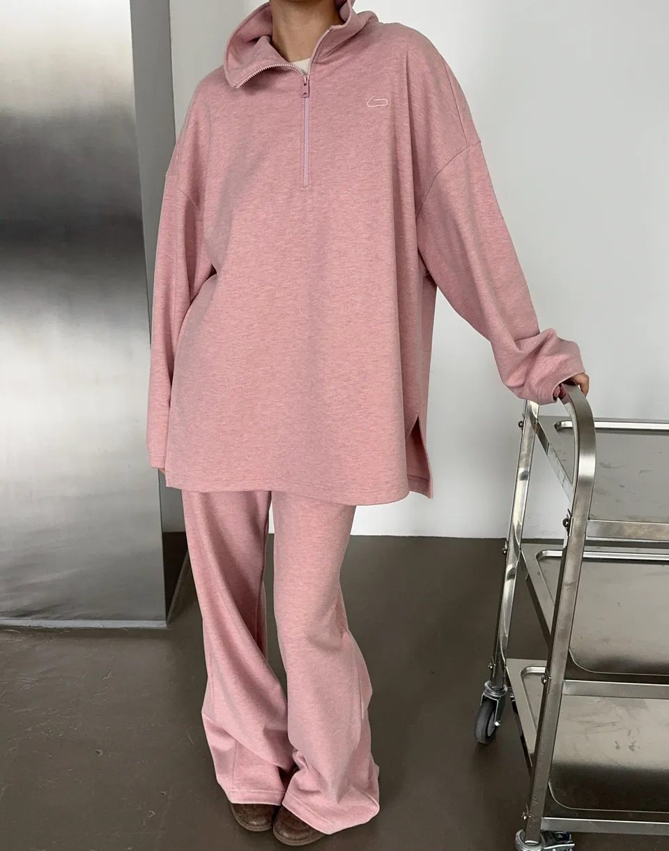 Комплект трикотажний світшот оверсайз на блискавці до середини та штани широкого крою, рожеві  - Фото 1