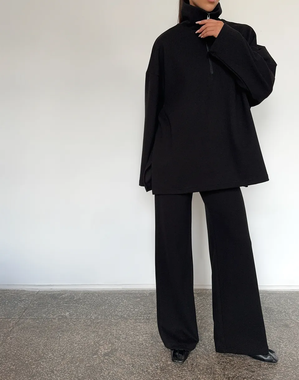 Комплект трикотажний світшот оверсайз на блискавці до середини та штани широкого крою, чорні - Фото 1