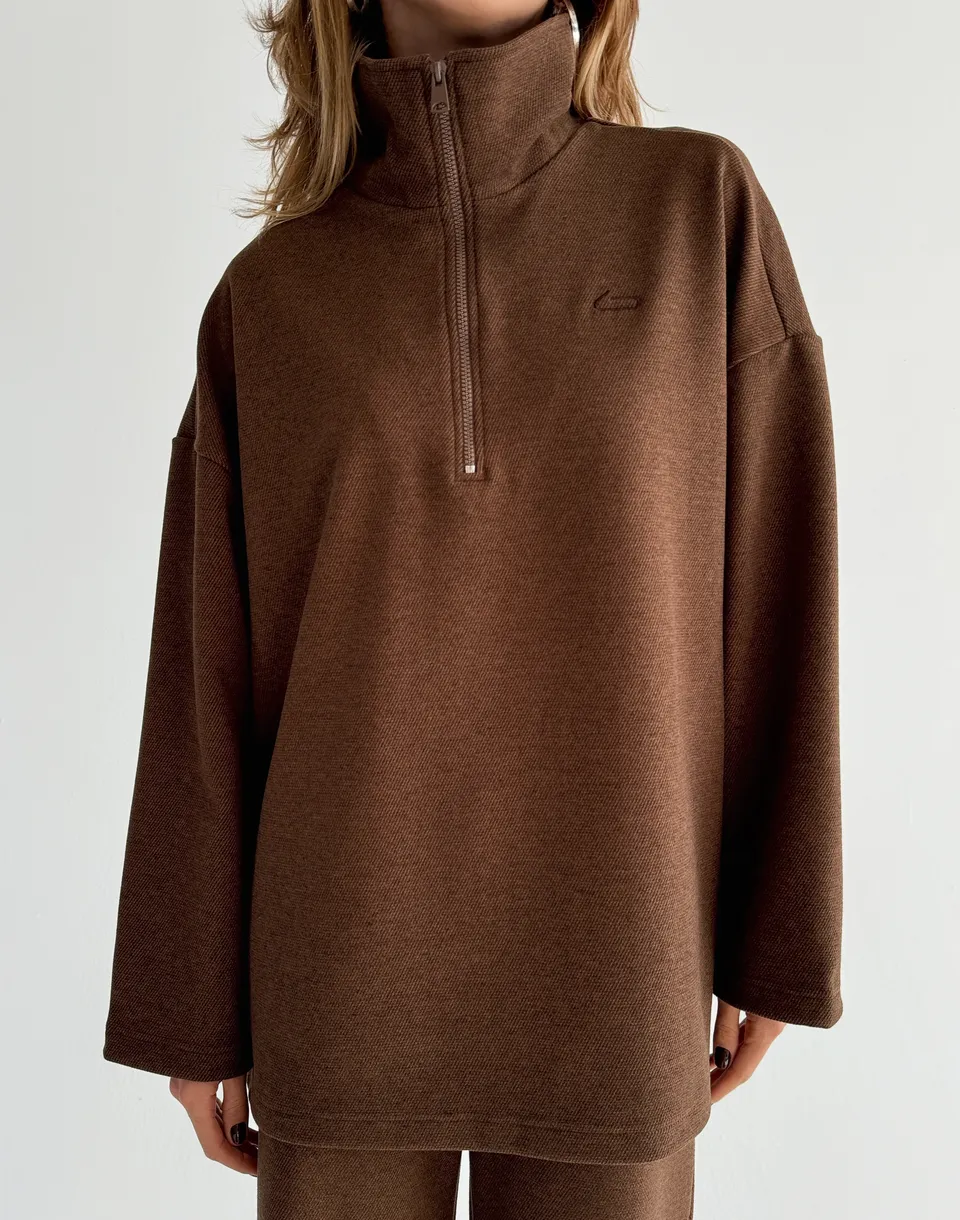 Світшот оверсайз на блискавці до середини, шоколадний - Фото 1