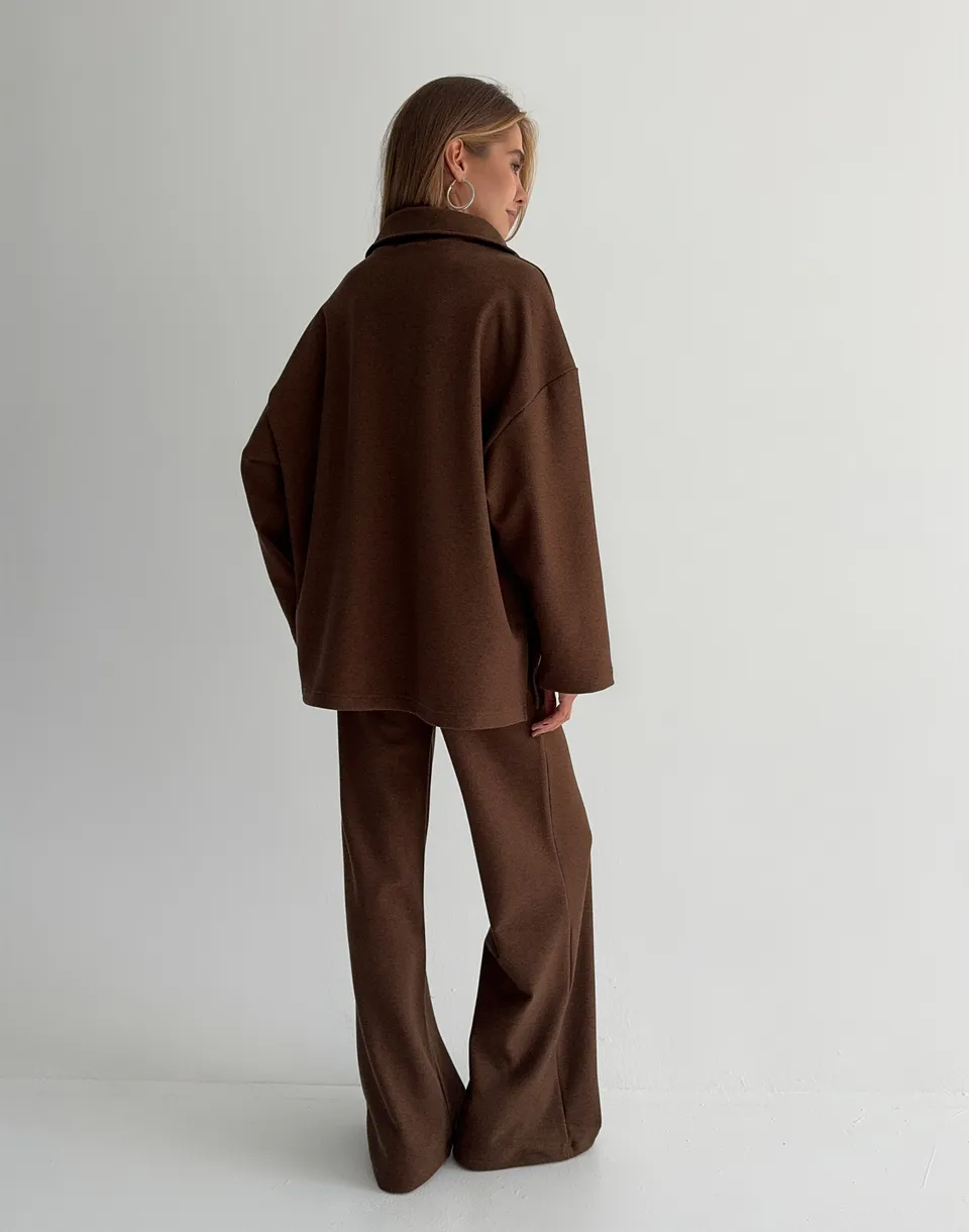 Комплект трикотажний світшот оверсайз на блискавці до середини та штани широкого крою, шоколадні - Фото 2