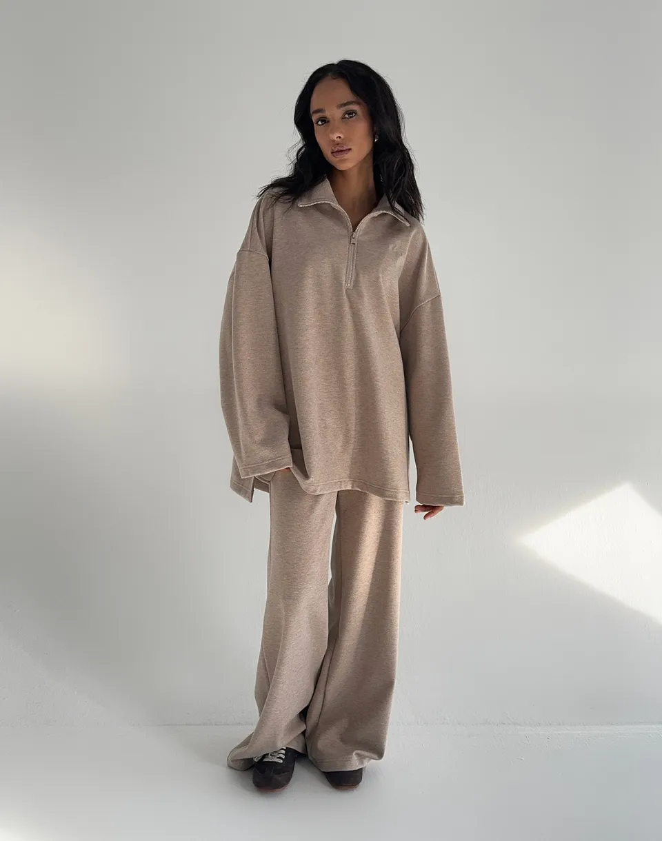 Комплект трикотажний світшот оверсайз на блискавці до середини та штани широкого крою, бежеві - Фото 1