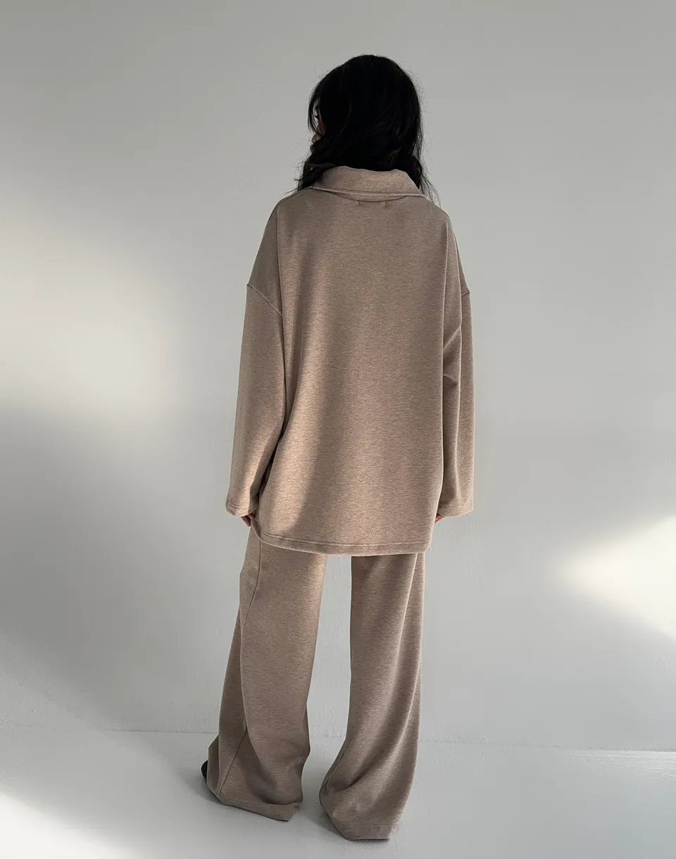 Комплект трикотажний світшот оверсайз на блискавці до середини та штани широкого крою, бежеві - Фото 2