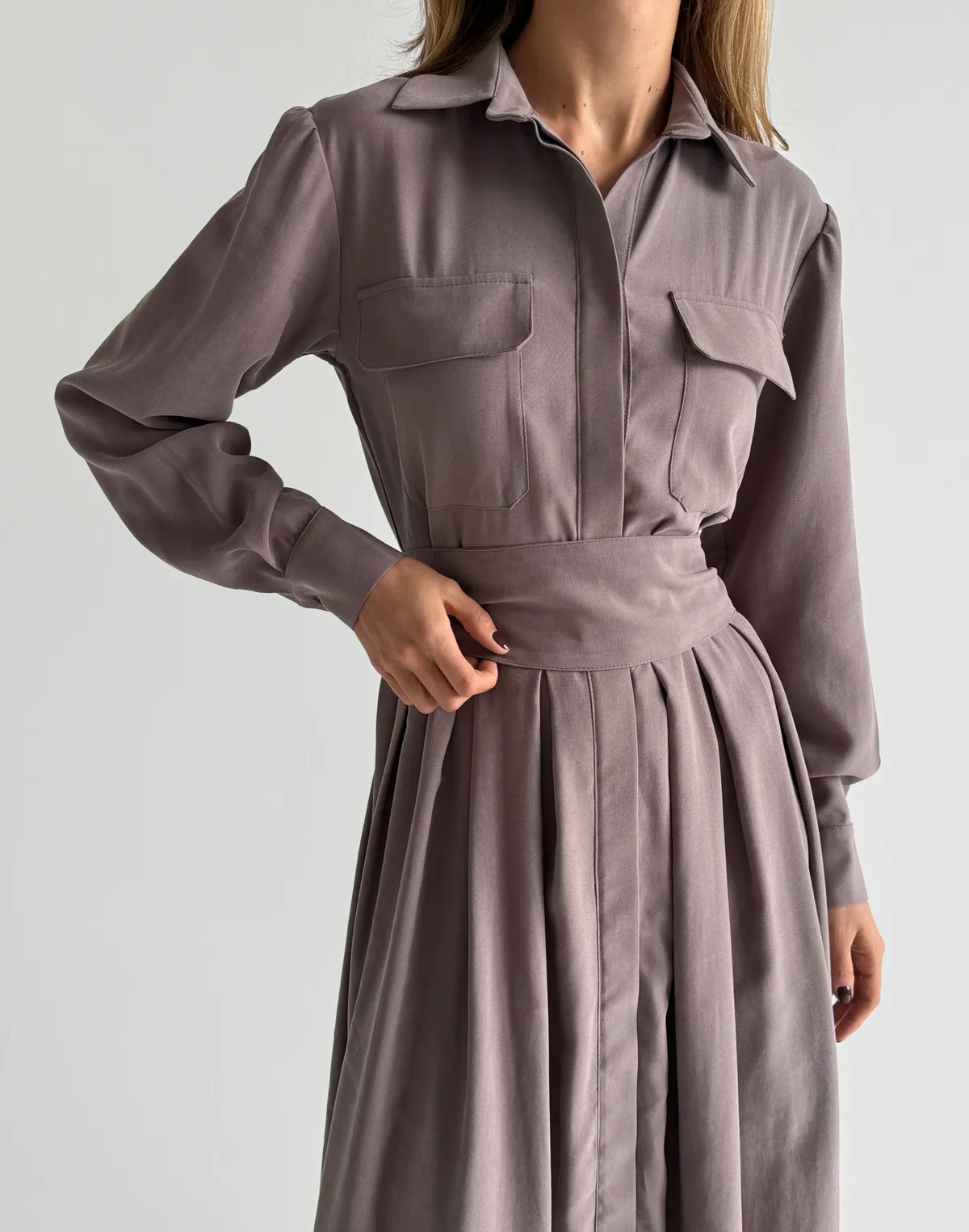 Сукня максі осіння з поясом, капучіно - Фото 4