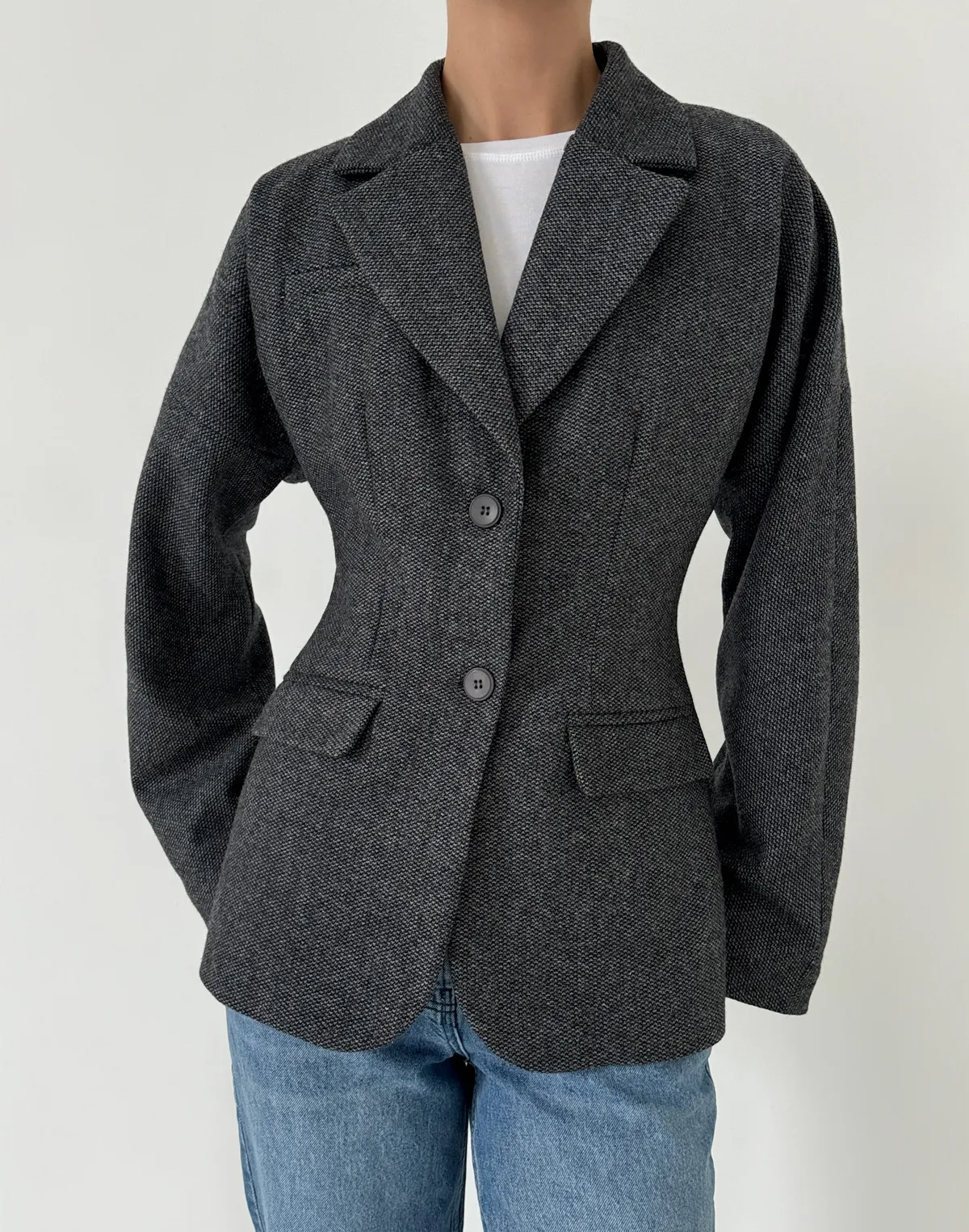 Жакет з акцентною талією та об'ємними плечима з вовною у складі, сірий текстурований - Фото 1